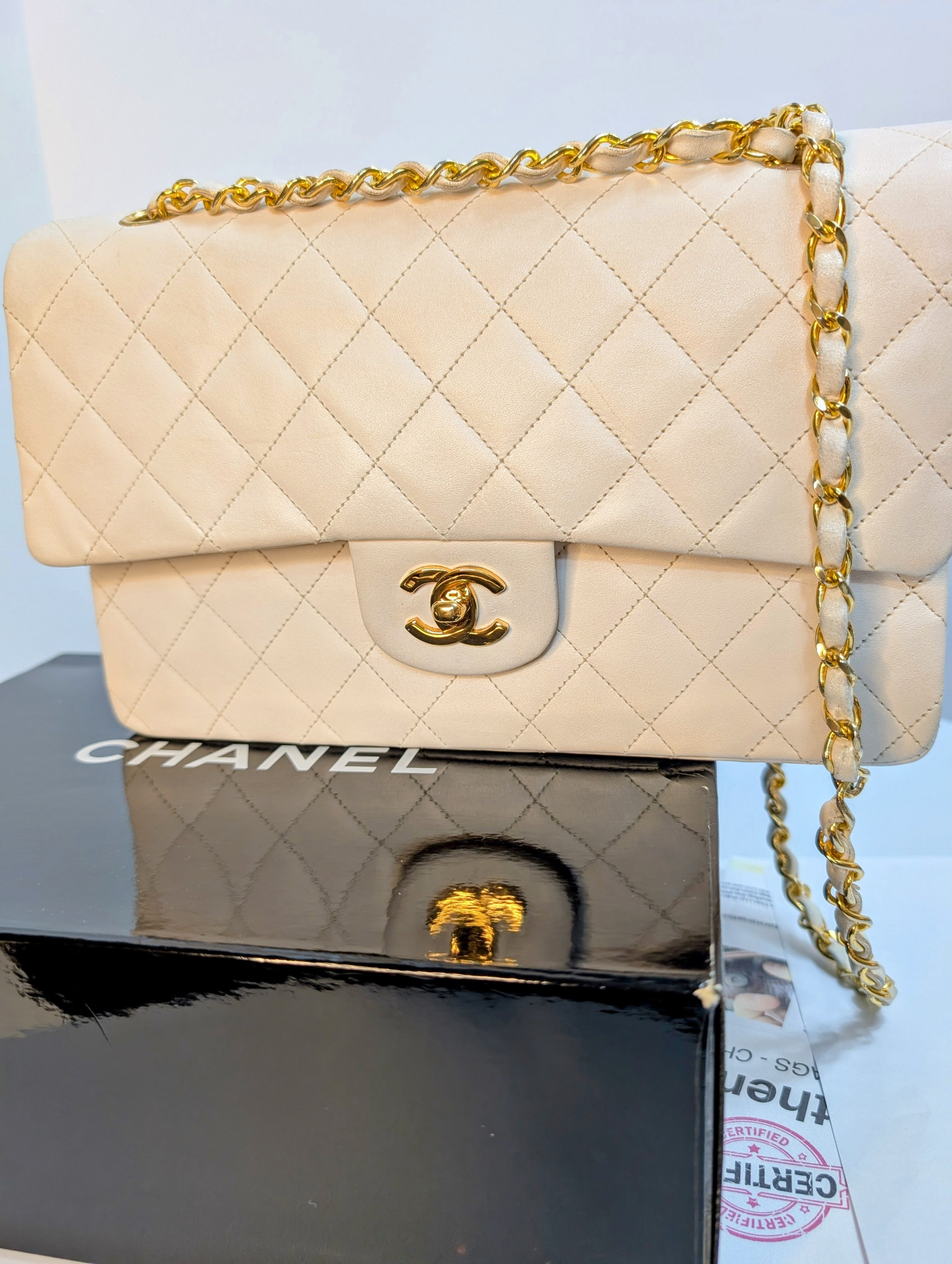 Chanel Rare Vintage White Medium Quilted Lambskin Classic Double Flap Bag with 24k Gold Hardware Series 1 (1989-1991)