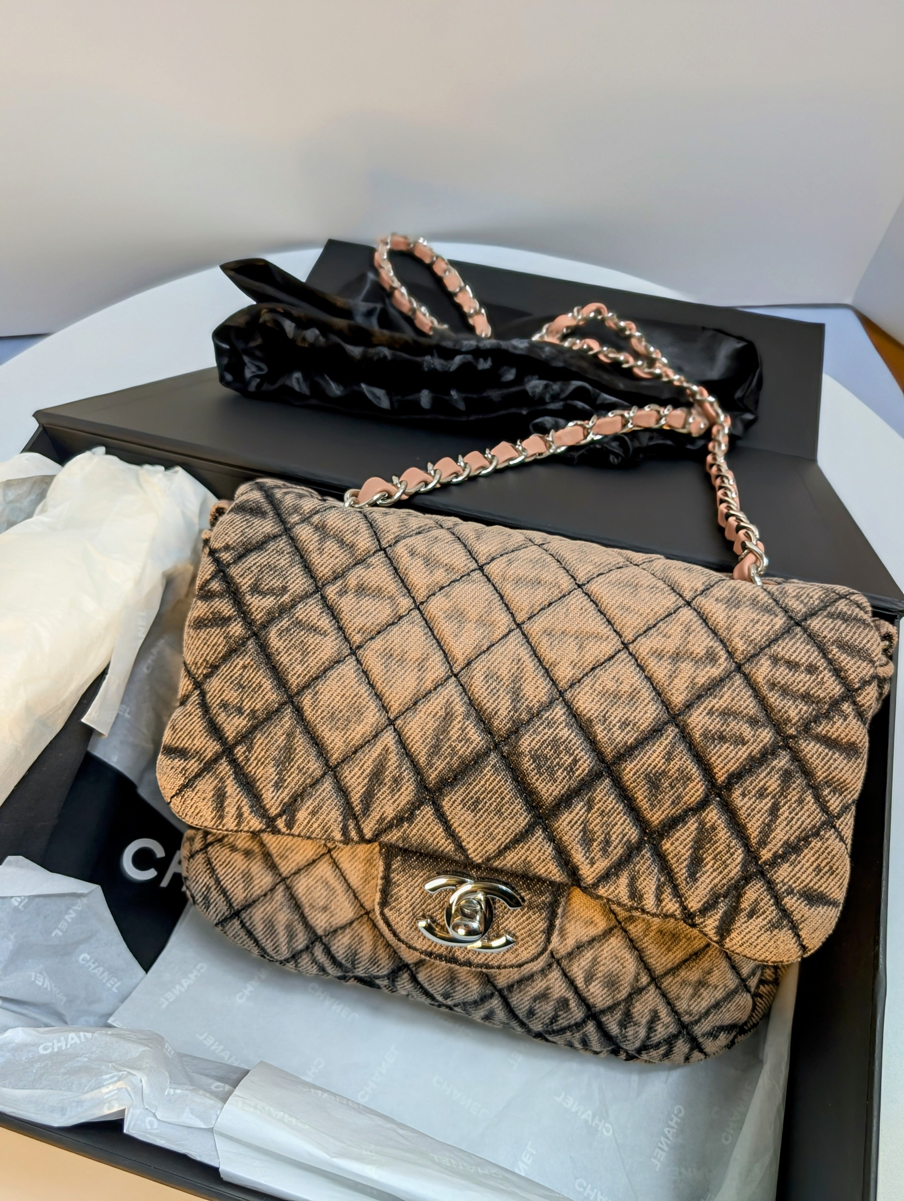 Chanel Peach Acid-Washed Denim Classic Medium Flap Bag