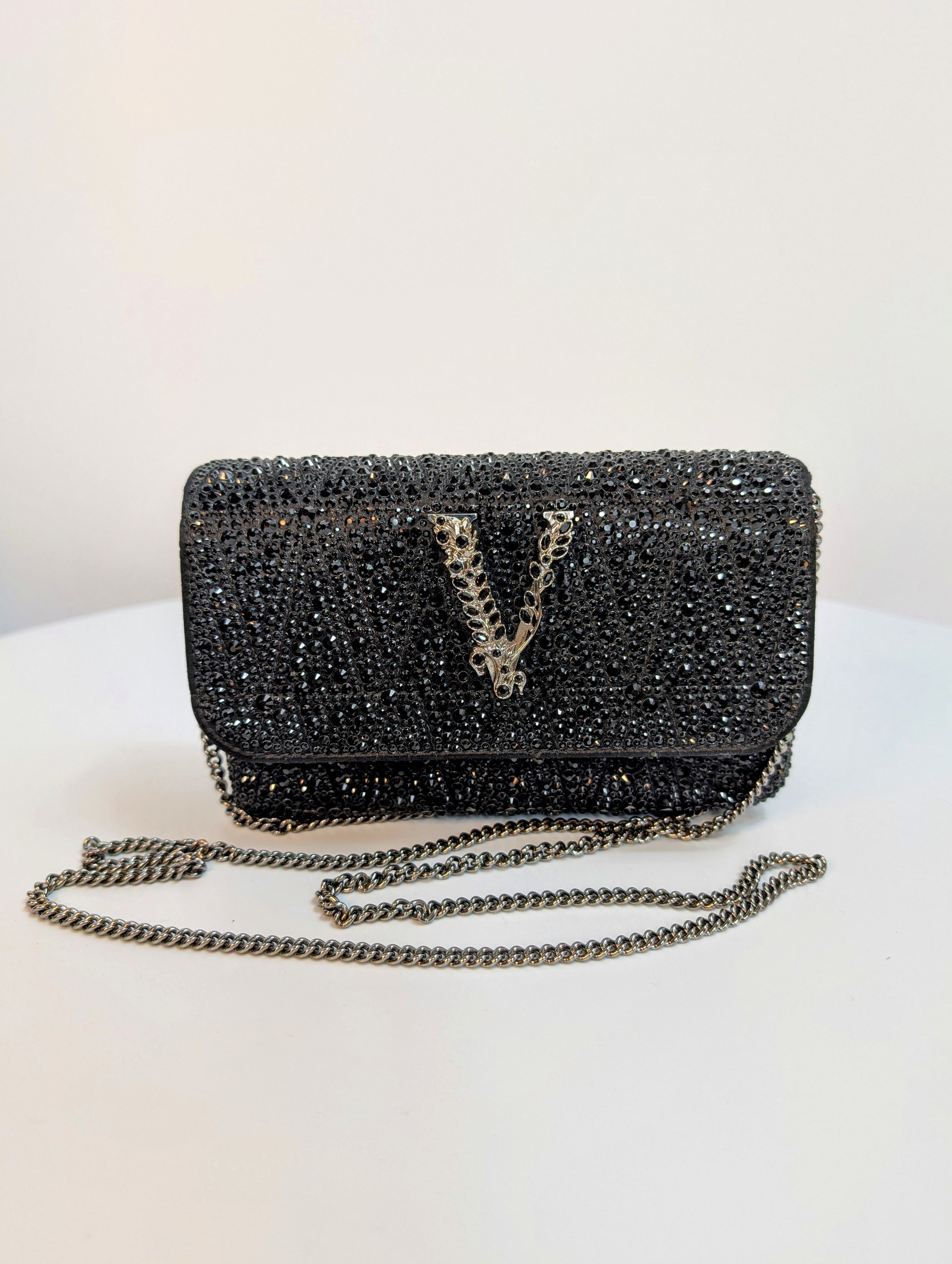 Versace Virtus Crystal-Embellished Wallet on Chain in Black
