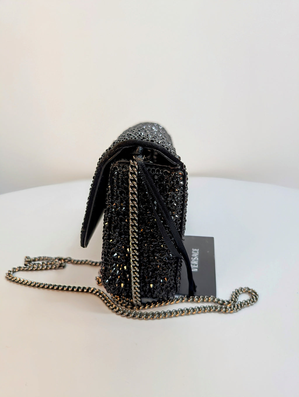 Versace Virtus Crystal-Embellished Wallet on Chain in Black