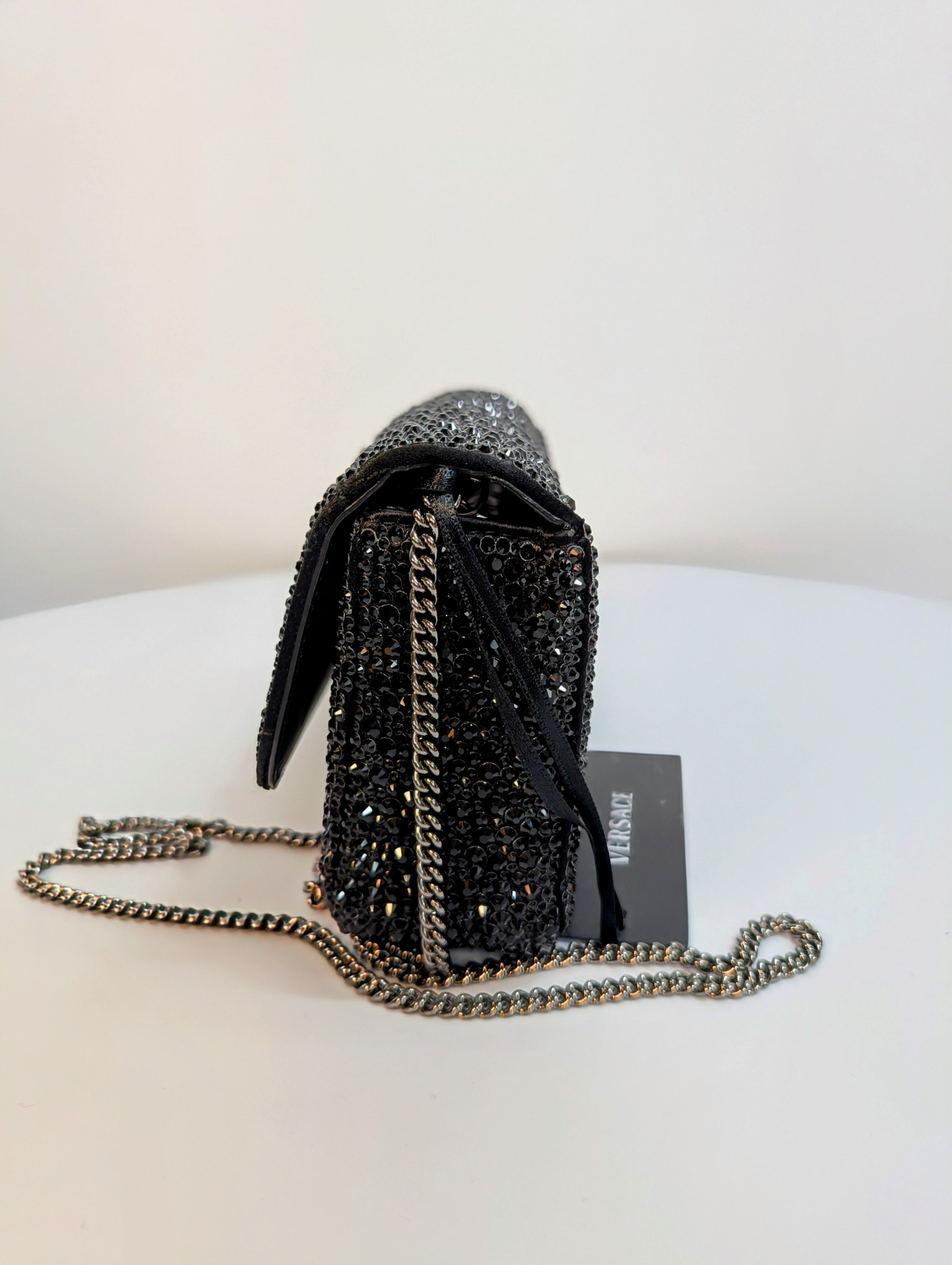 Versace Virtus Crystal-Embellished Wallet on Chain in Black