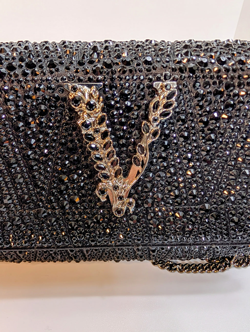 Versace Virtus Crystal-Embellished Wallet on Chain in Black