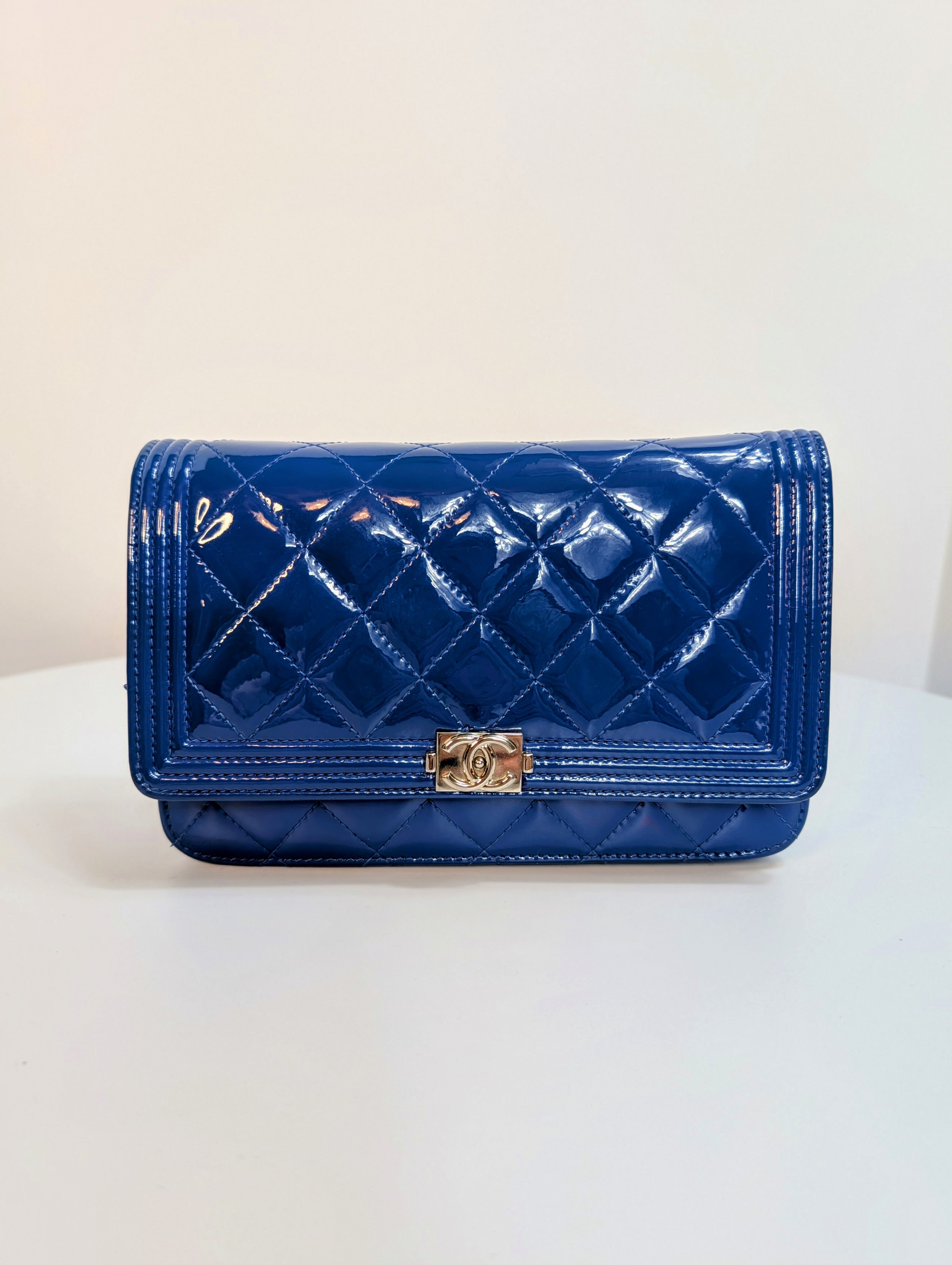 Chanel Bright Blue Boy Patent Leather Wallet On Chain (WOC)