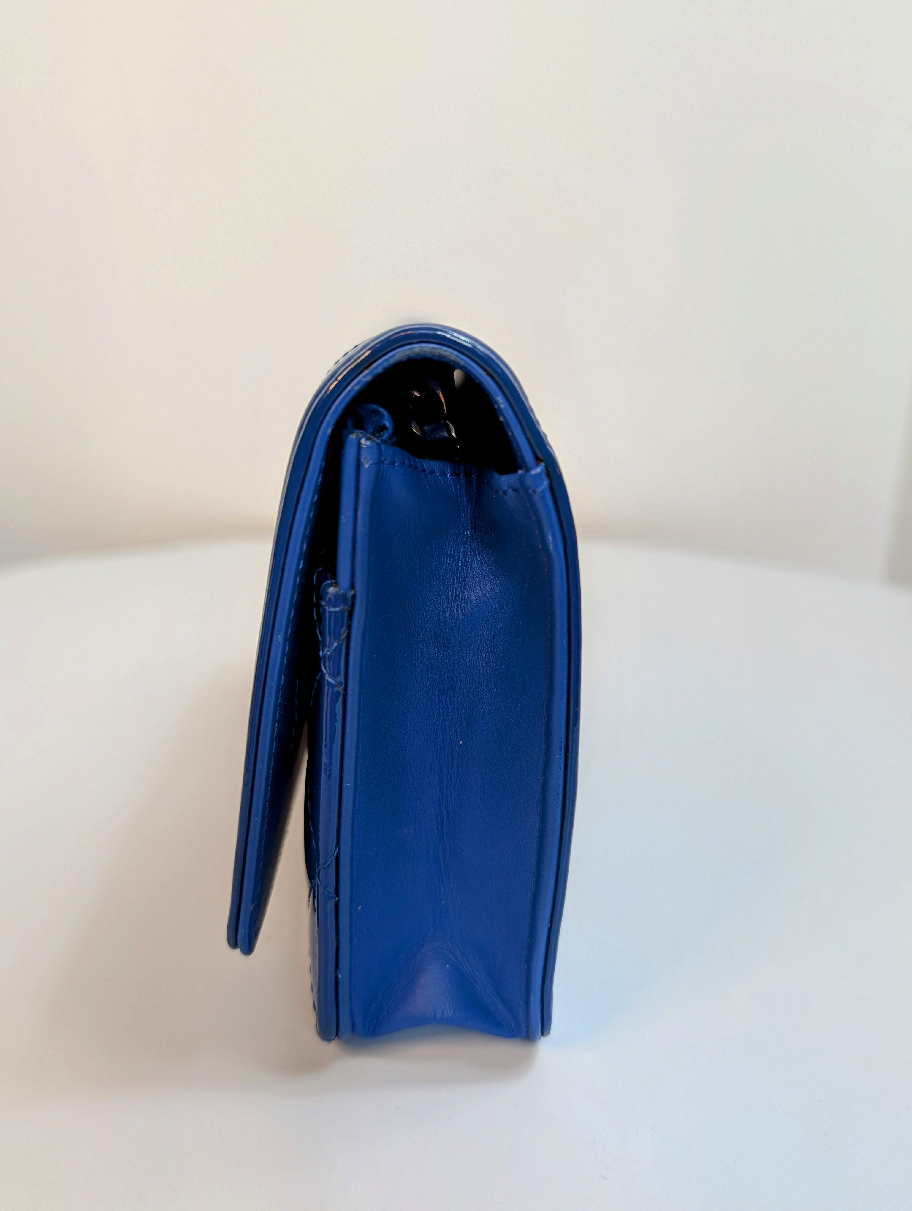 Chanel Bright Blue Boy Patent Leather Wallet On Chain (WOC)