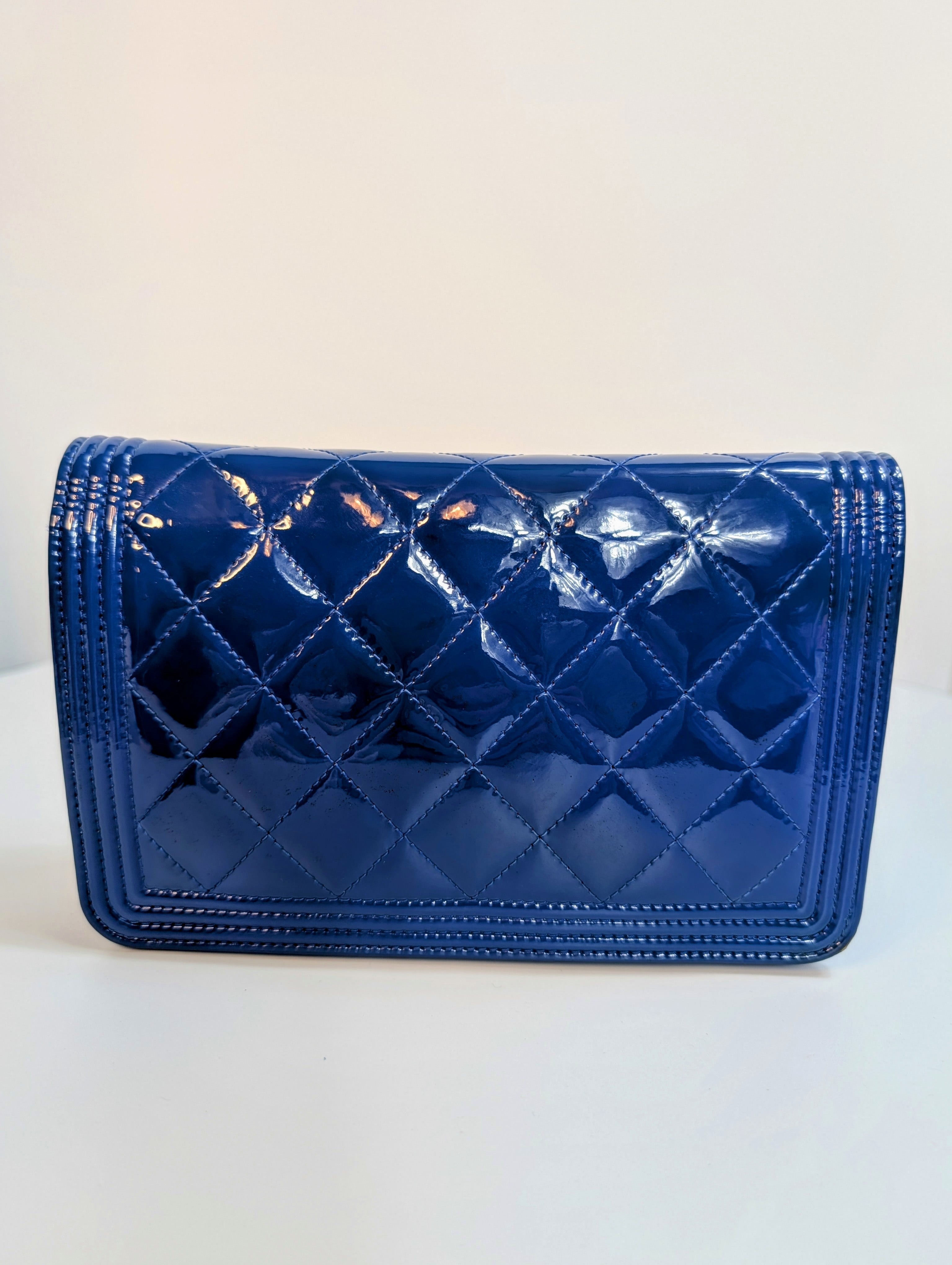 Chanel Bright Blue Boy Patent Leather Wallet On Chain (WOC)