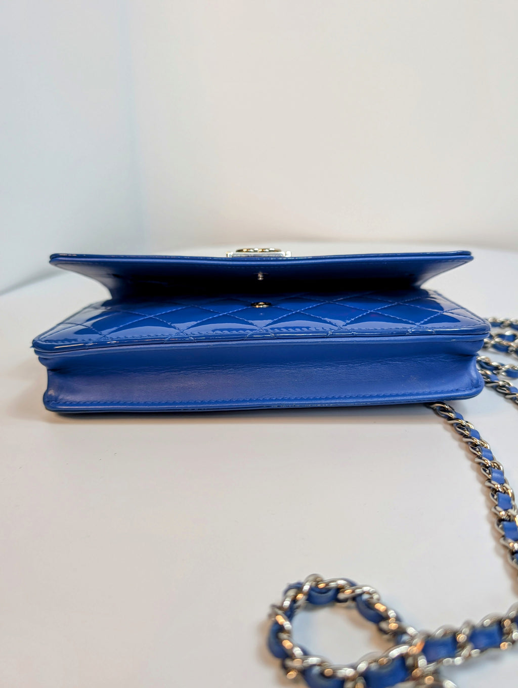 Chanel Bright Blue Boy Patent Leather Wallet On Chain (WOC)