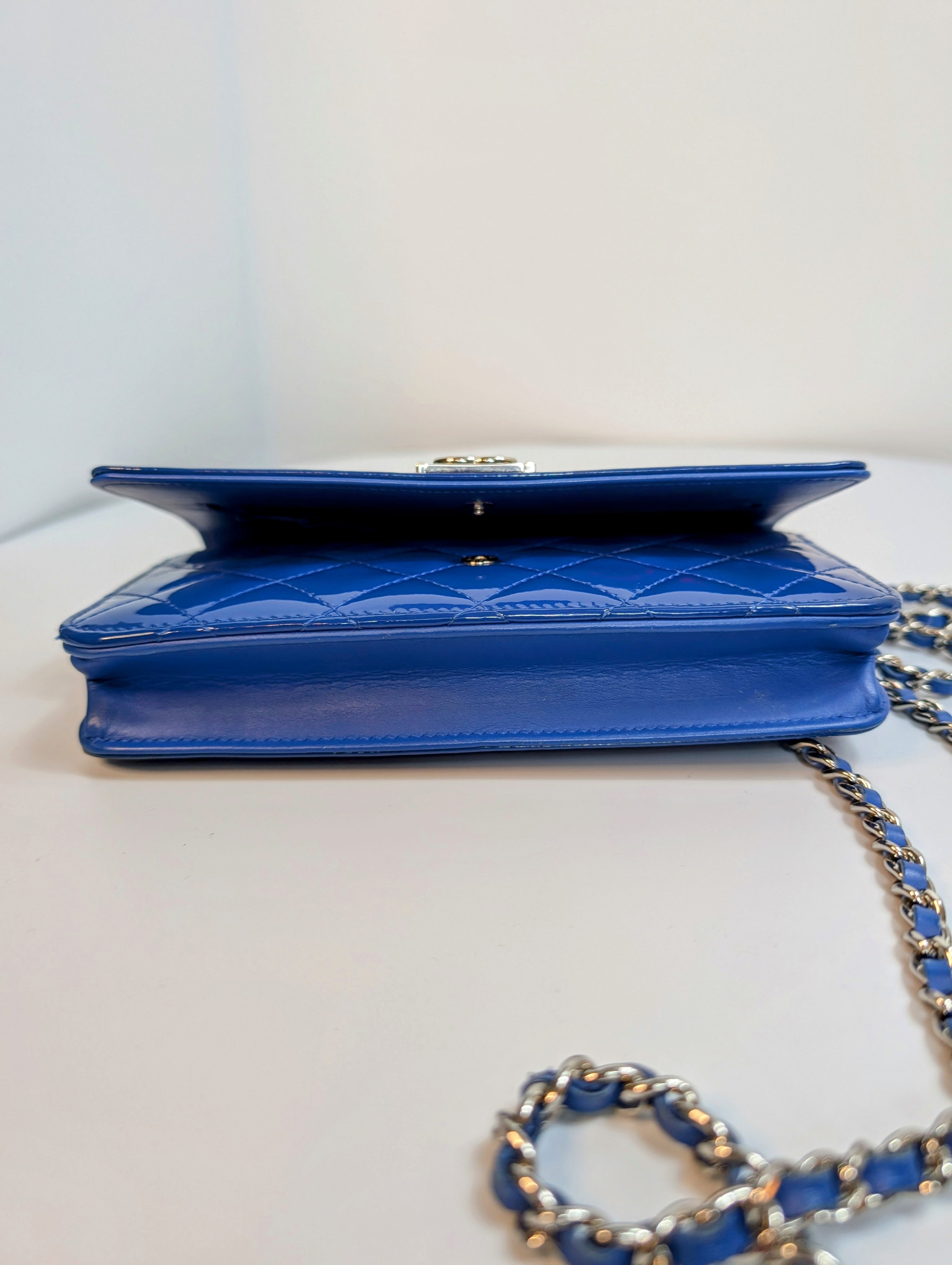 Chanel Bright Blue Boy Patent Leather Wallet On Chain (WOC)