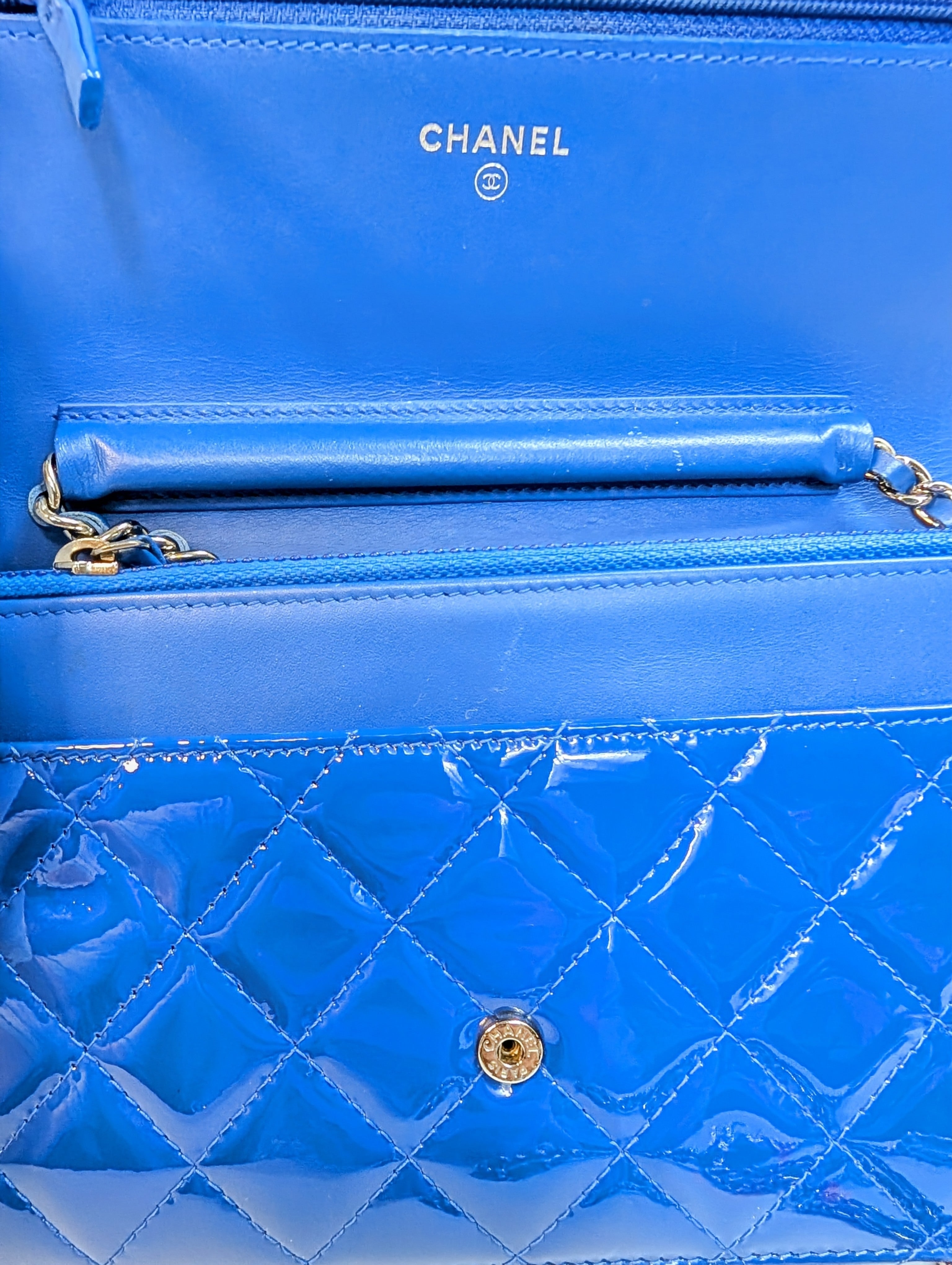 Chanel Bright Blue Boy Patent Leather Wallet On Chain (WOC)