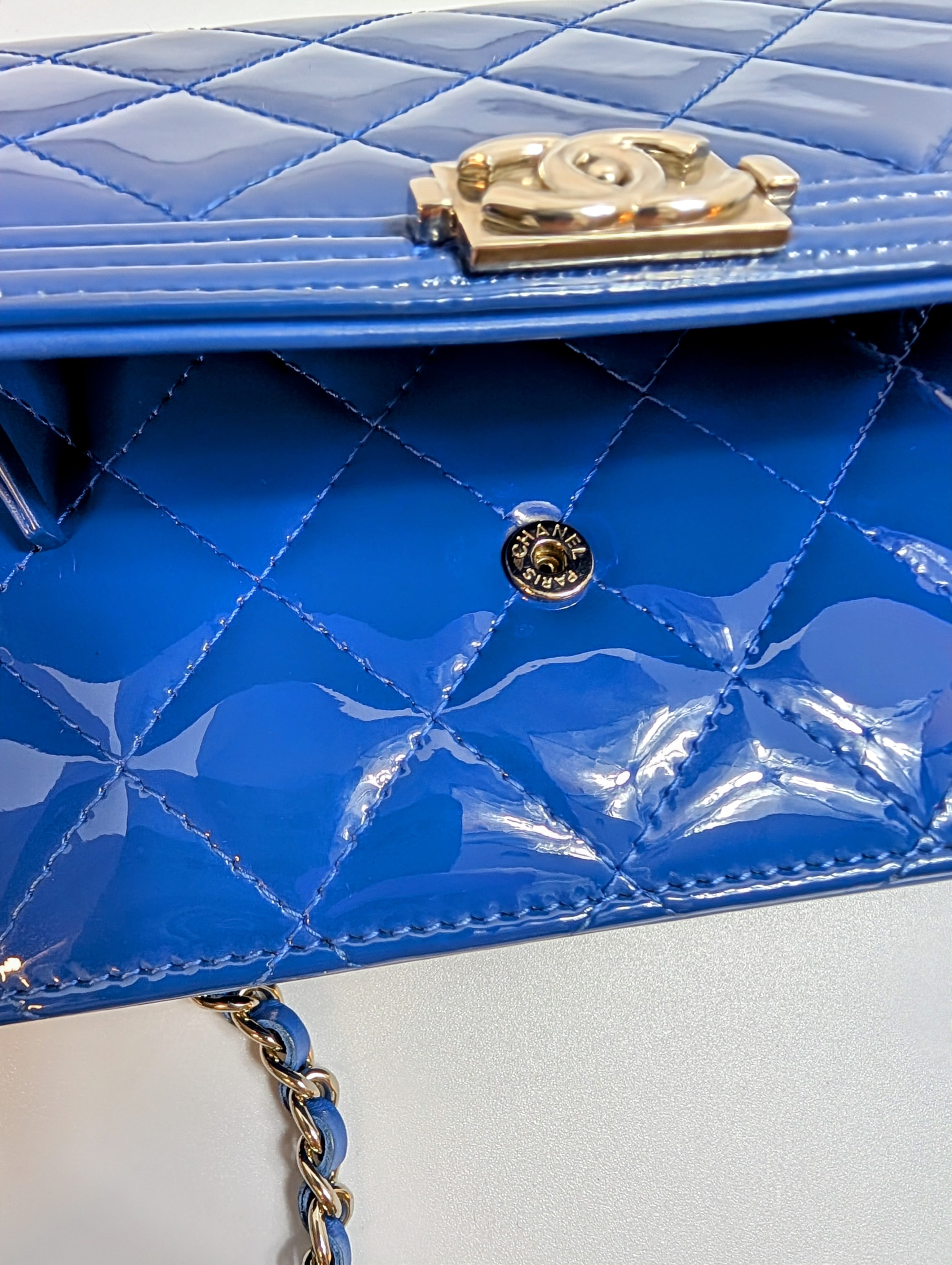 Chanel Bright Blue Boy Patent Leather Wallet On Chain (WOC)