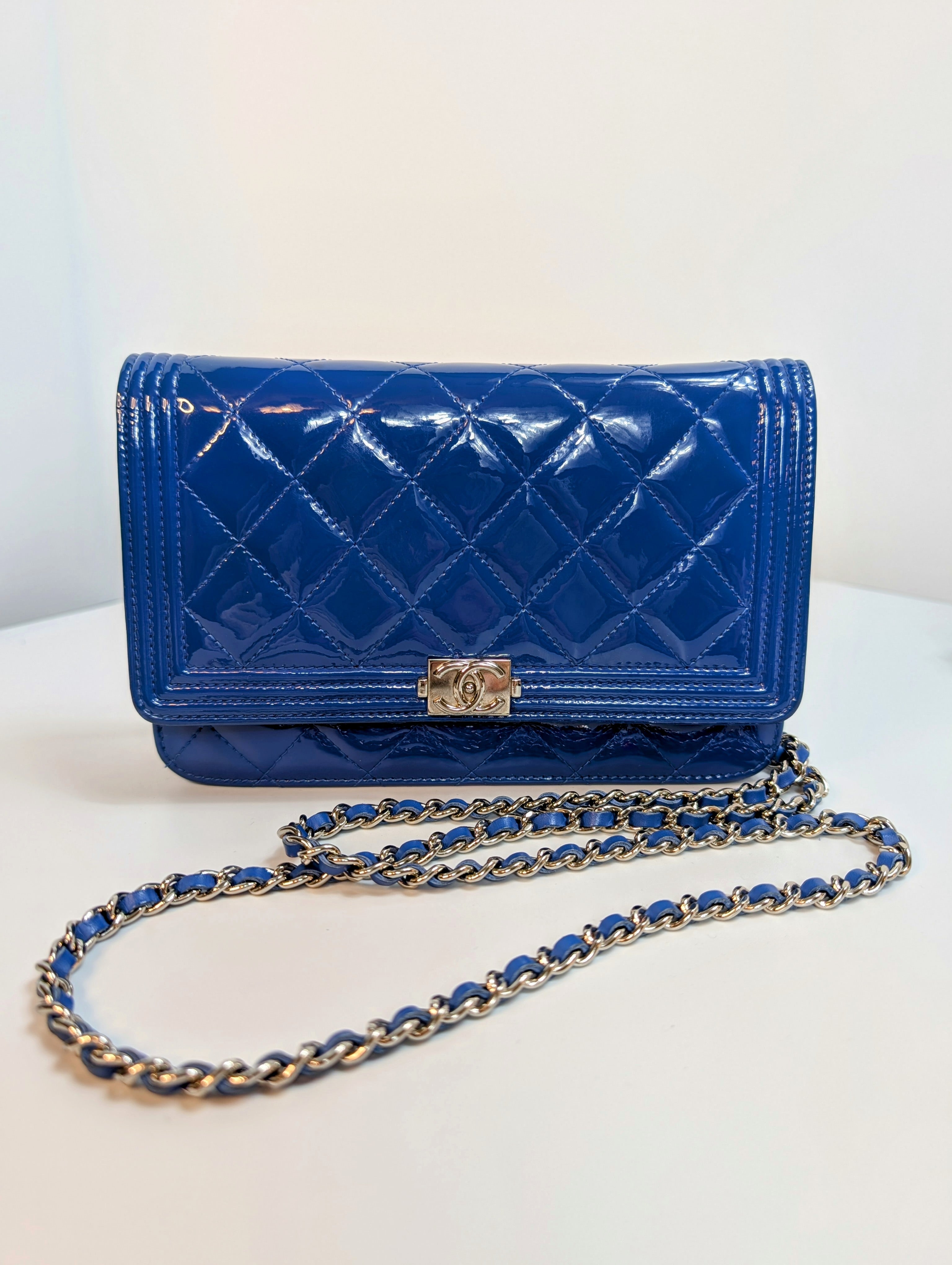 Chanel Bright Blue Patent Leather Boy Wallet On Chain (WOC)