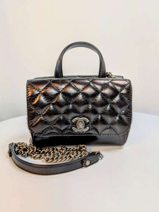 Chanel Black Mini Double-Sided Glazed Calfskin Flap Bag with Top Handle