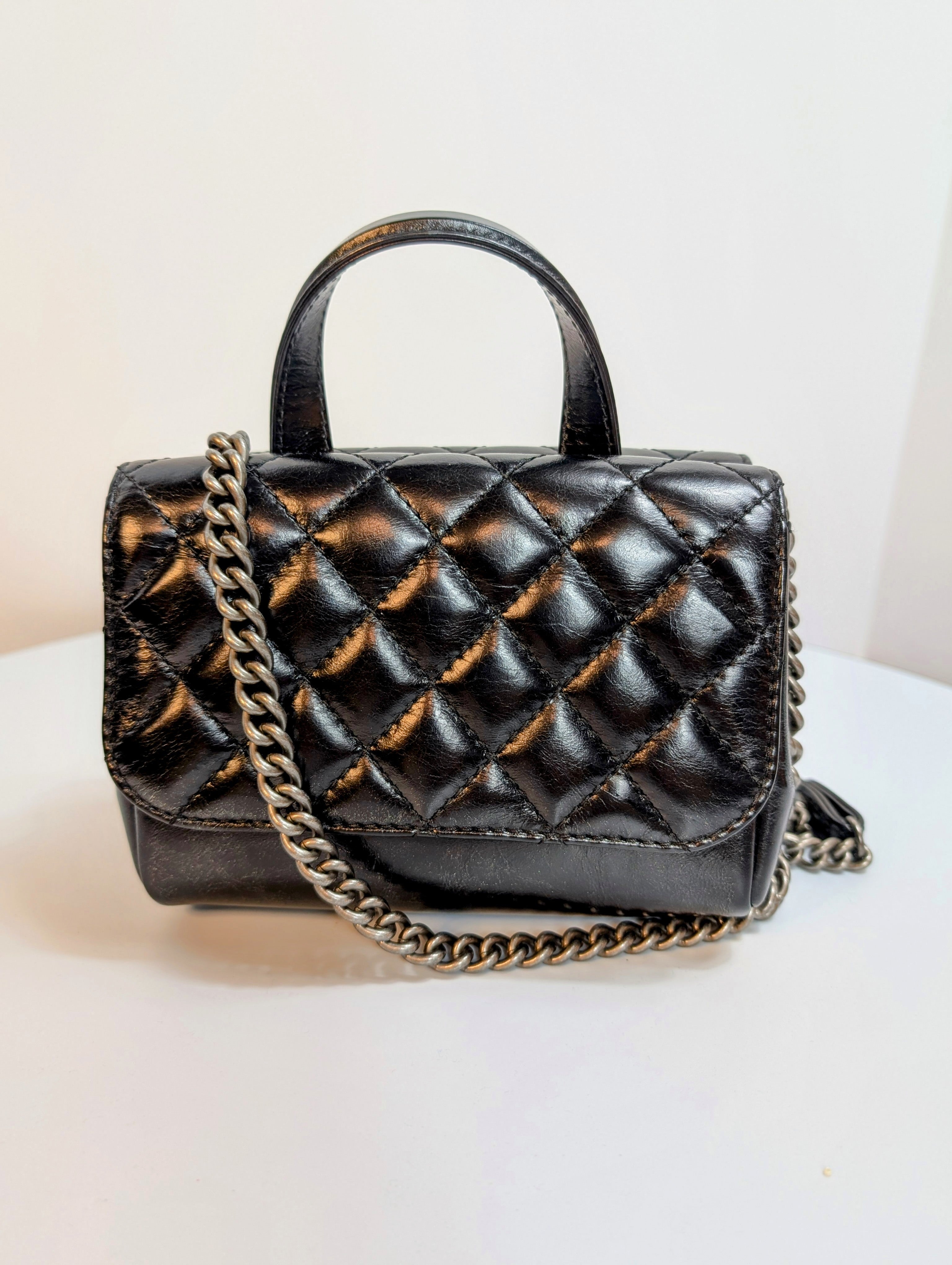 Chanel Black Mini Double-Sided Glazed Calfskin Flap Bag with Top Handle