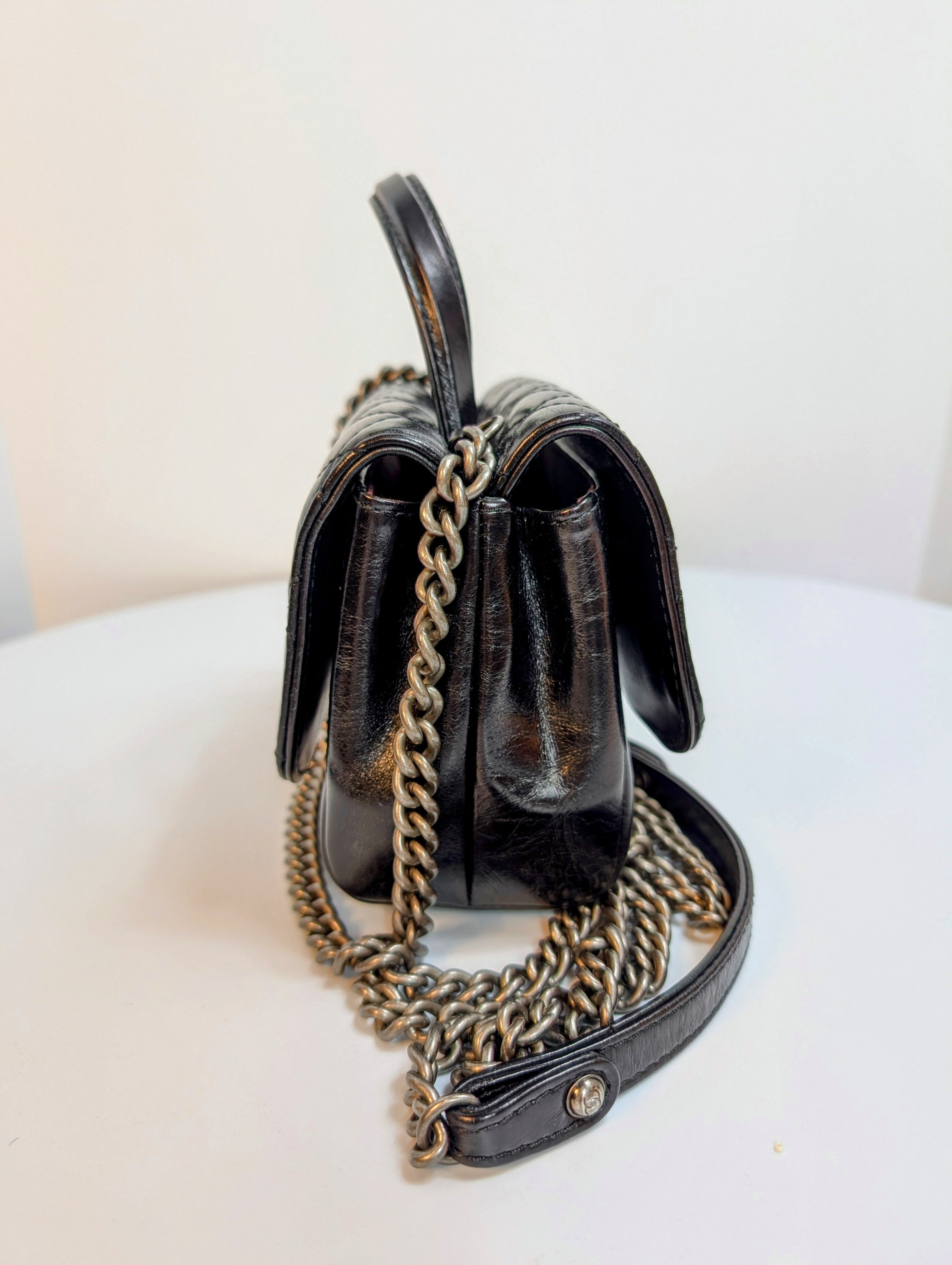 Chanel Black Mini Double-Sided Glazed Calfskin Flap Bag with Top Handle