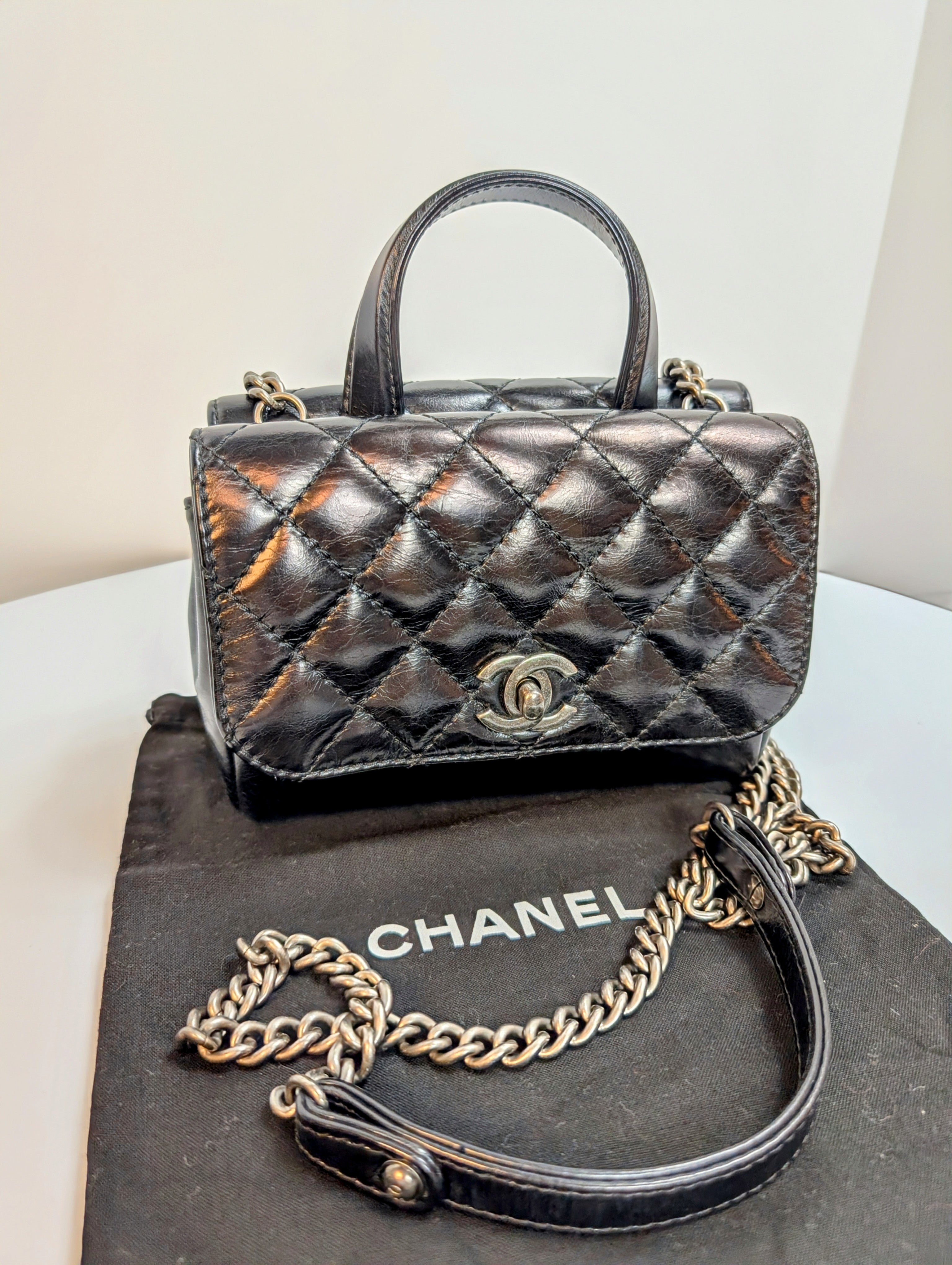 Chanel Black Mini Double-Sided Glazed Calfskin Flap Bag with Top Handle