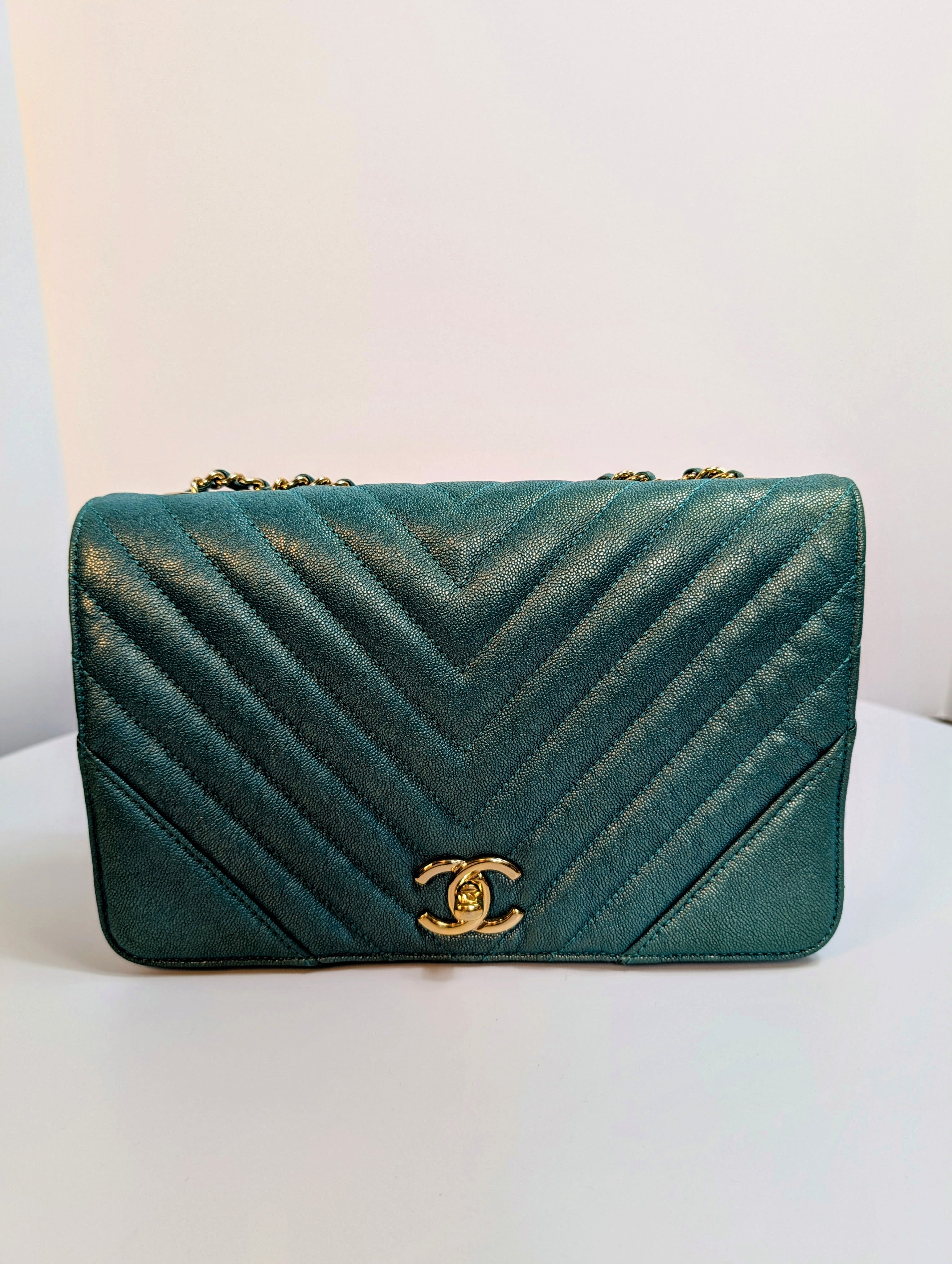 Chanel Rare Turquoise Luminescent Chevron Medium Quilted Classic Flap Bag