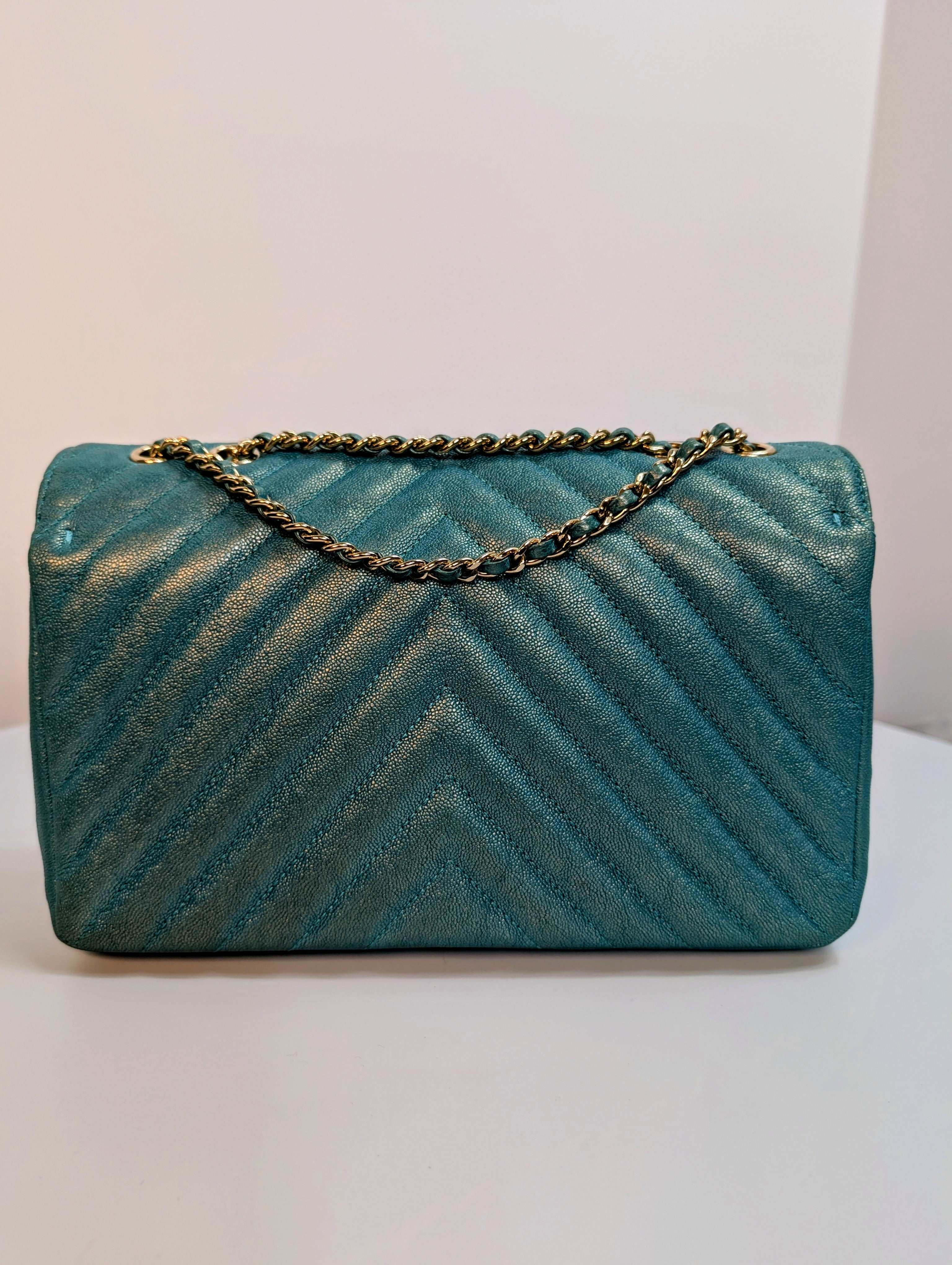 Chanel Rare Turquoise Luminescent Chevron Medium Quilted Classic Flap Bag