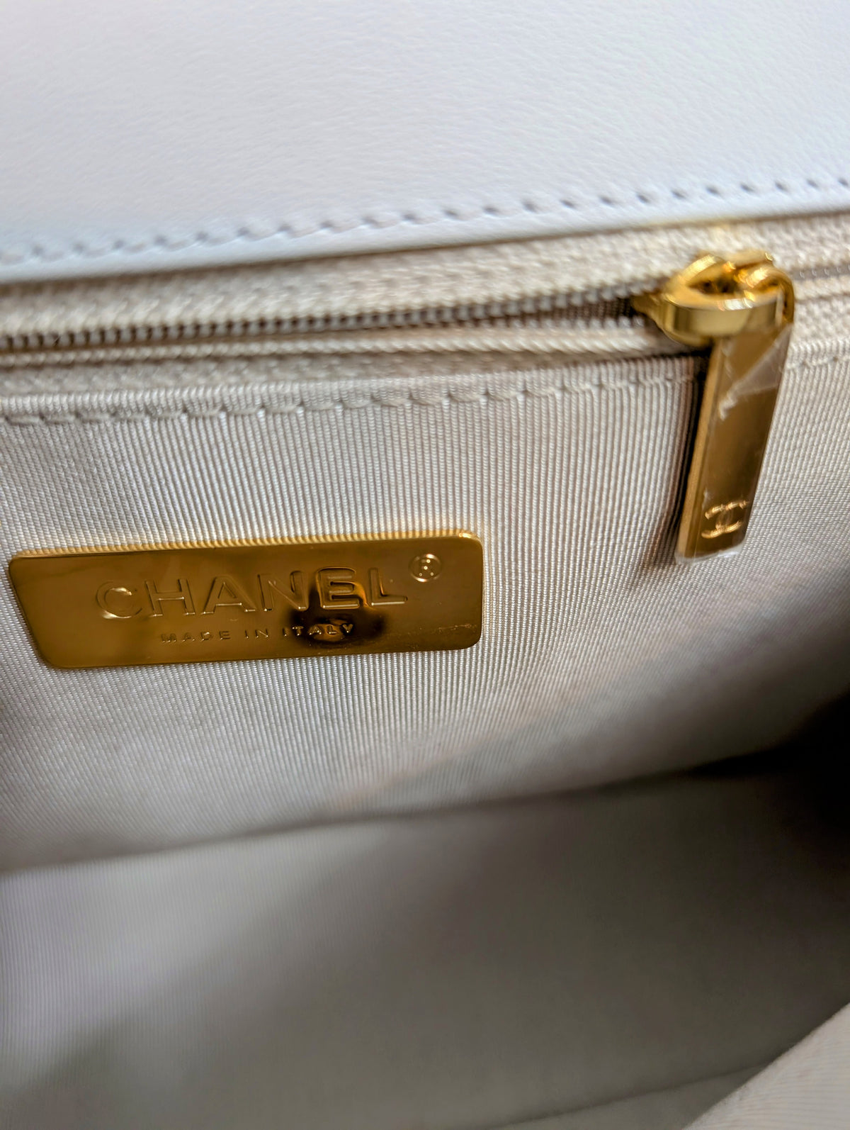 Chanel Beige and White Lambskin Leather Medium Flap Bag