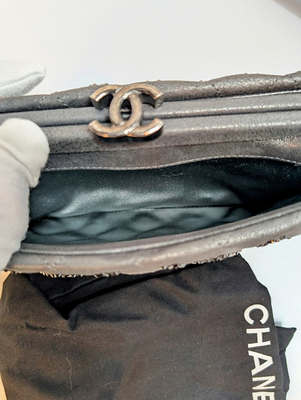 Chanel Gunmetal Iridescent Diamond-Quilted Clutch