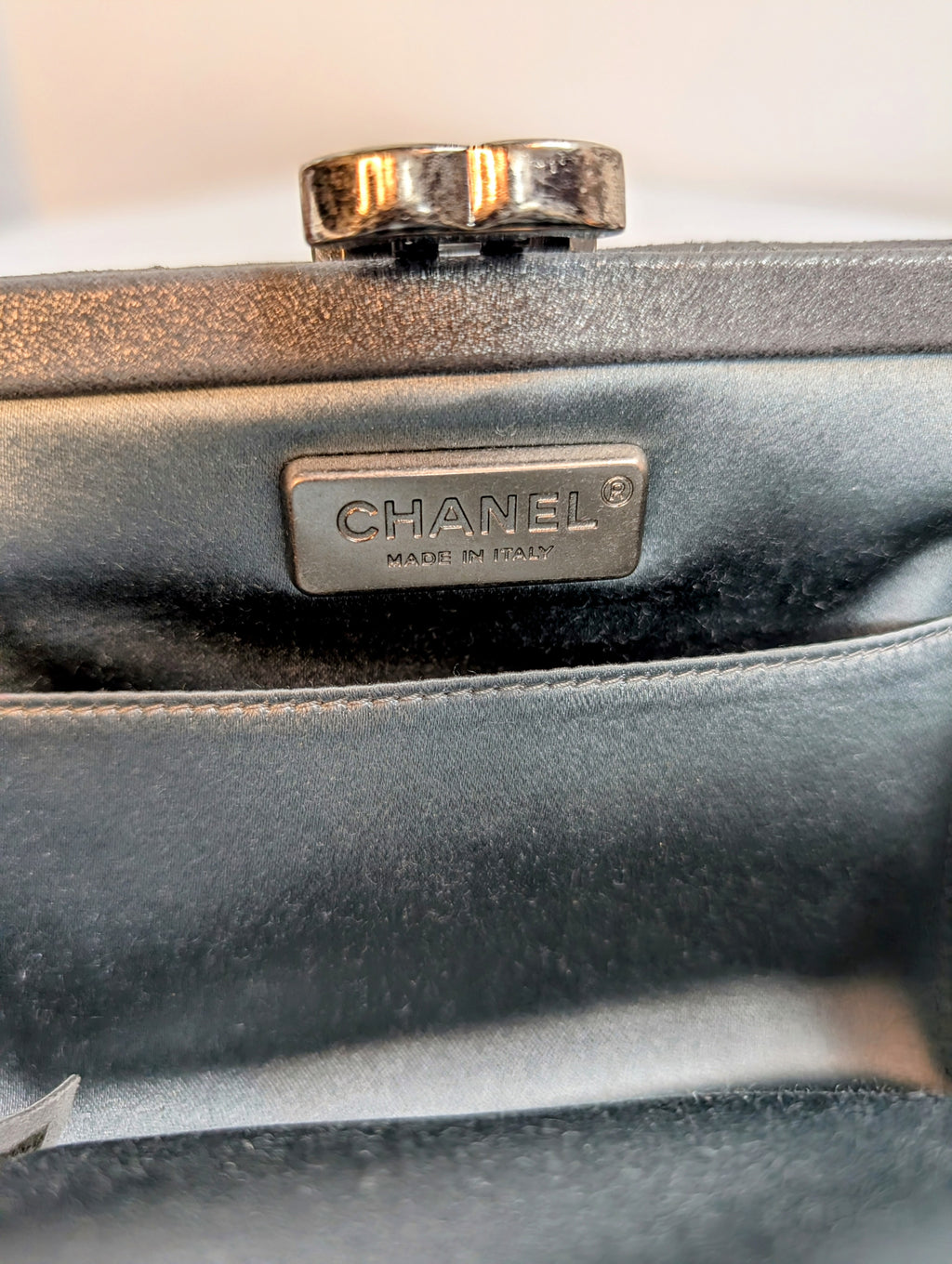 Chanel Gunmetal Iridescent Diamond-Quilted Clutch