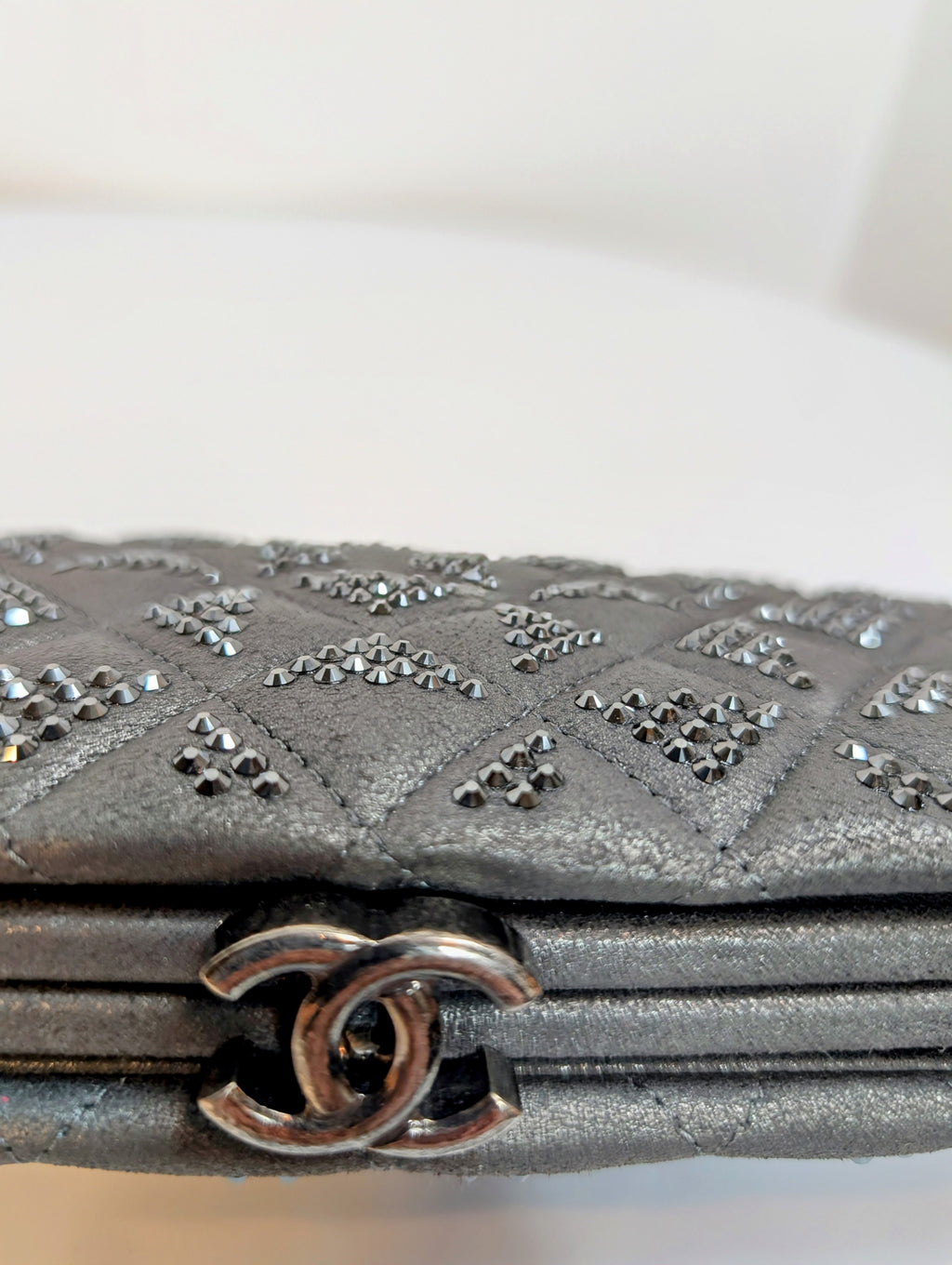 Chanel Gunmetal Iridescent Diamond-Quilted Clutch