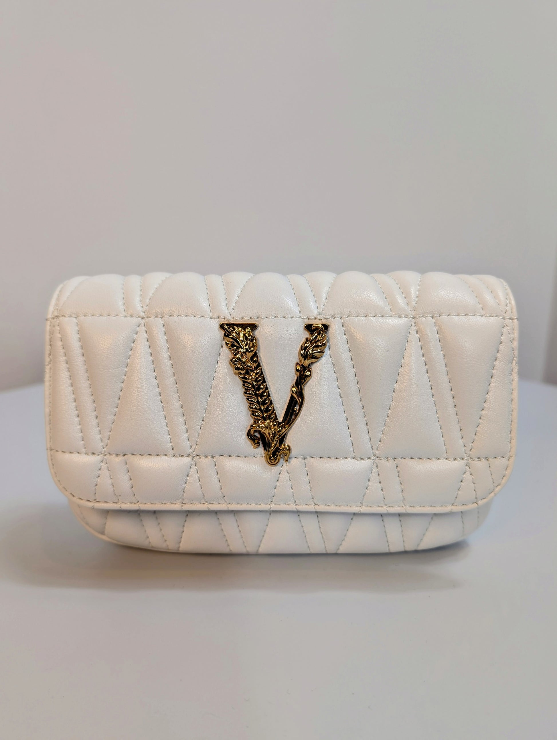 Versace White Virtus Quilted Chain Wallet on Chain (WOC)