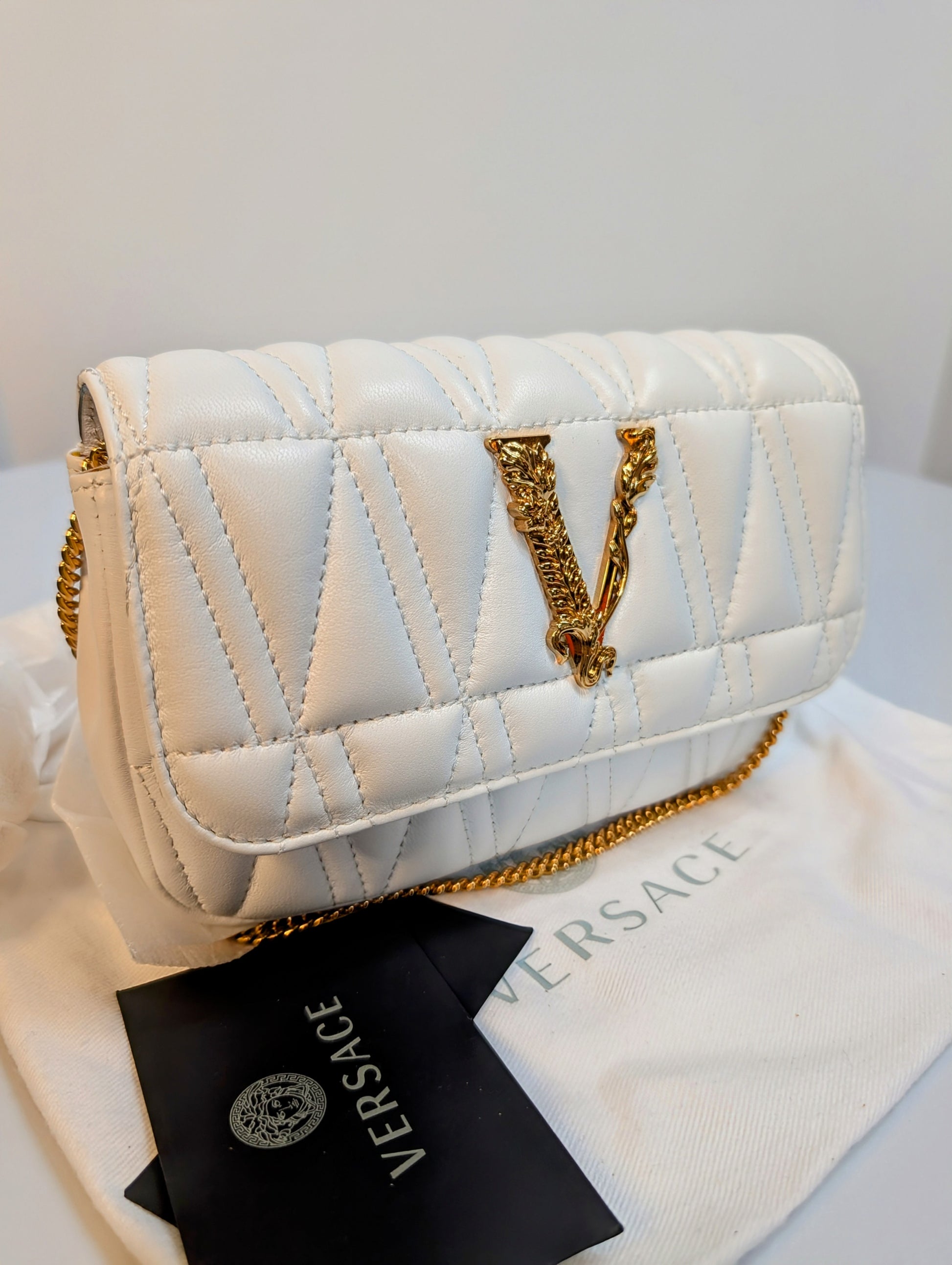 Versace White Virtus Quilted Chain Wallet on Chain (WOC)