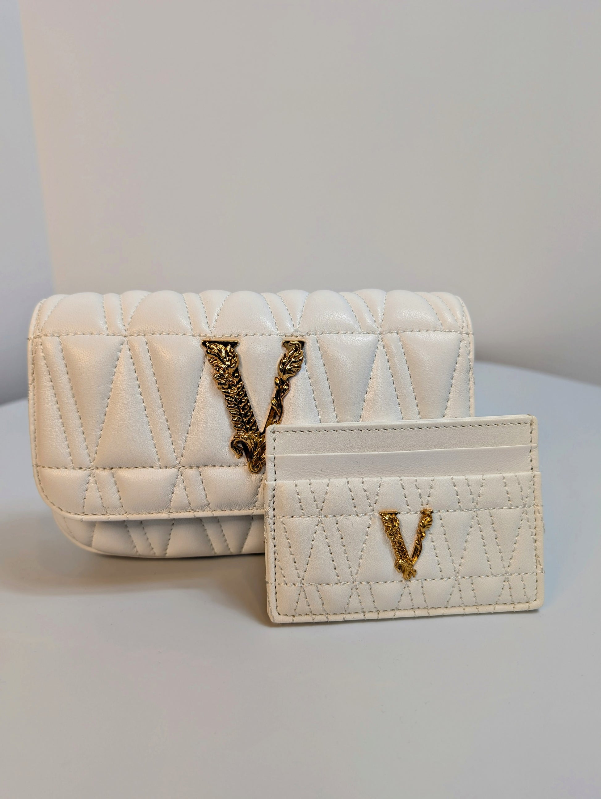 Versace White Virtus Quilted Chain Wallet on Chain (WOC)