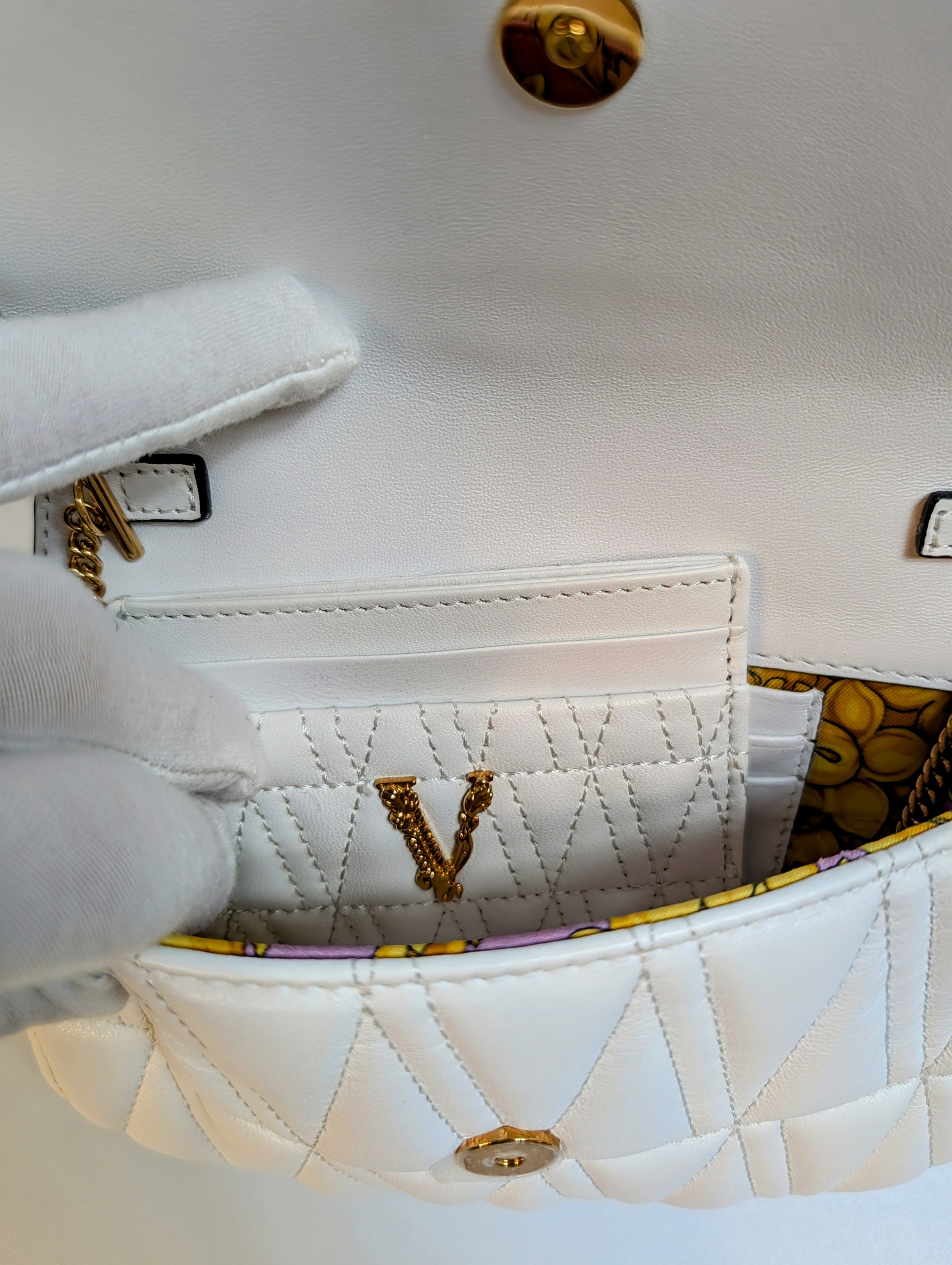 Versace White Virtus Quilted Chain Wallet on Chain (WOC)