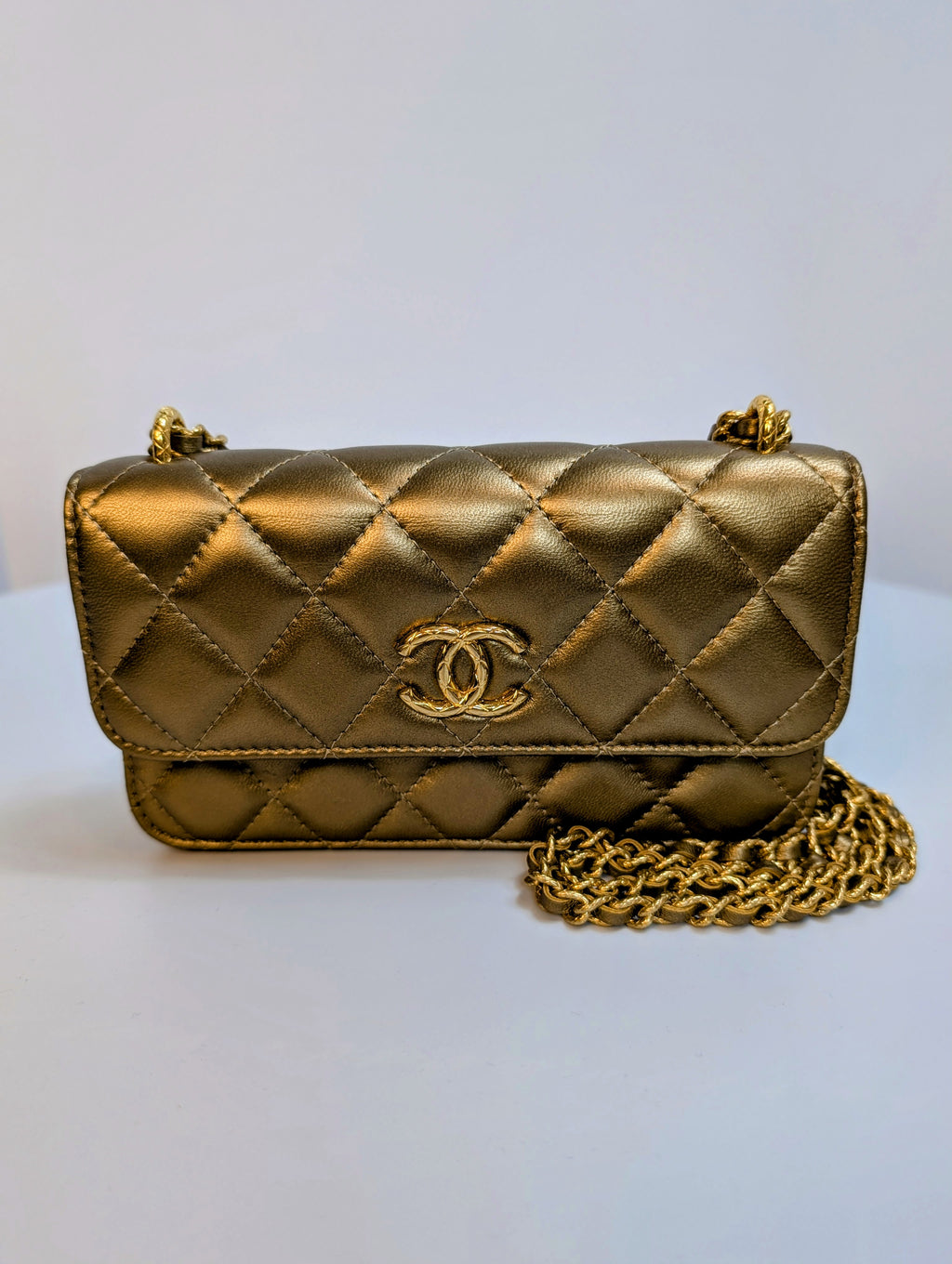 Chanel Metallic Bronze Gold Mini Rectangular Flap with Engraved CCs and Strap Loops with Chanel Gold Card Holder