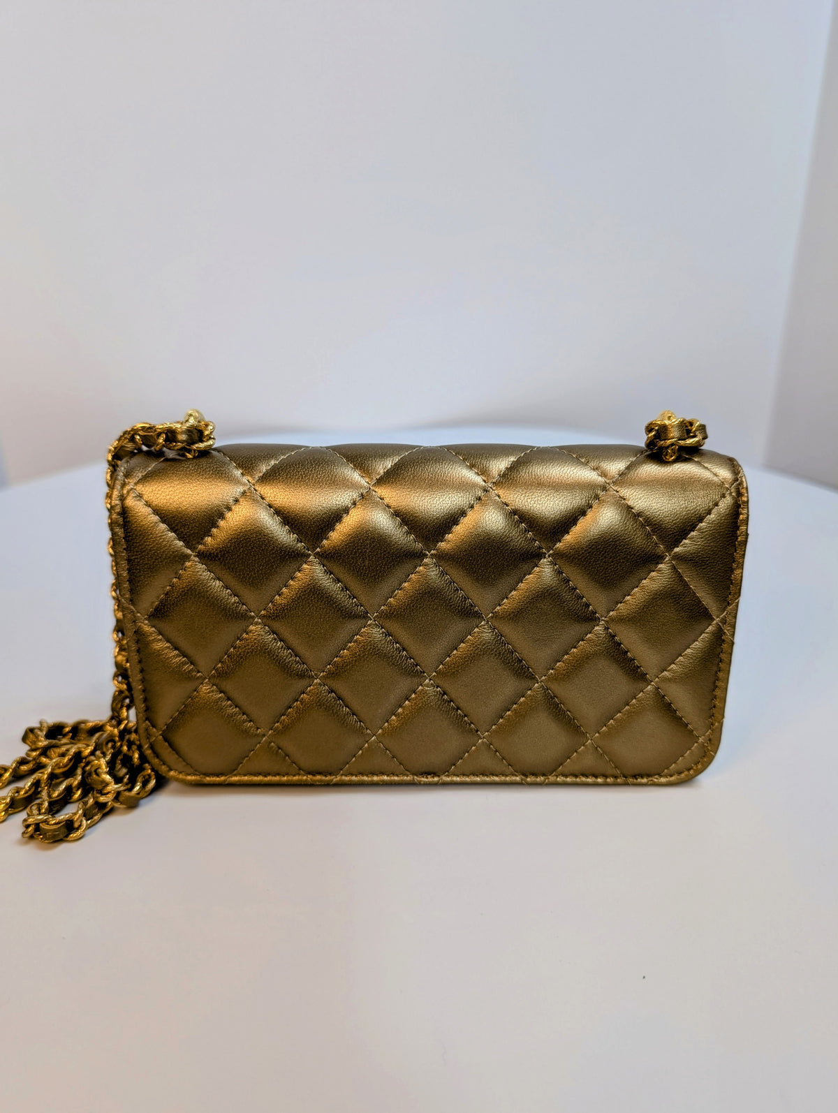 Chanel Metallic Bronze Gold Mini Rectangular Flap with Engraved CCs and Strap Loops with Chanel Gold Card Holder