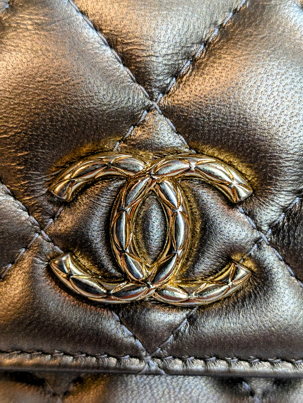 Chanel Metallic Bronze Gold Mini Rectangular Flap with Engraved CCs and Strap Loops with Chanel Gold Card Holder