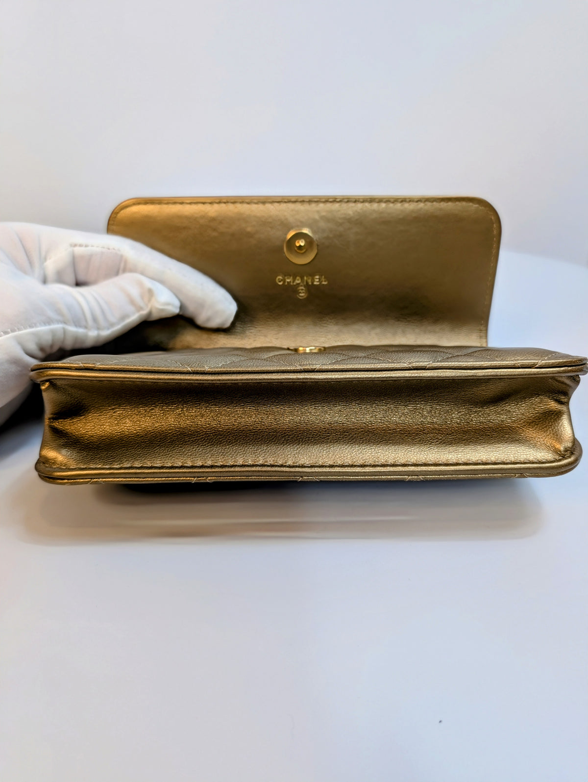 Chanel Metallic Bronze Gold Mini Rectangular Flap with Engraved CCs and Strap Loops with Chanel Gold Card Holder