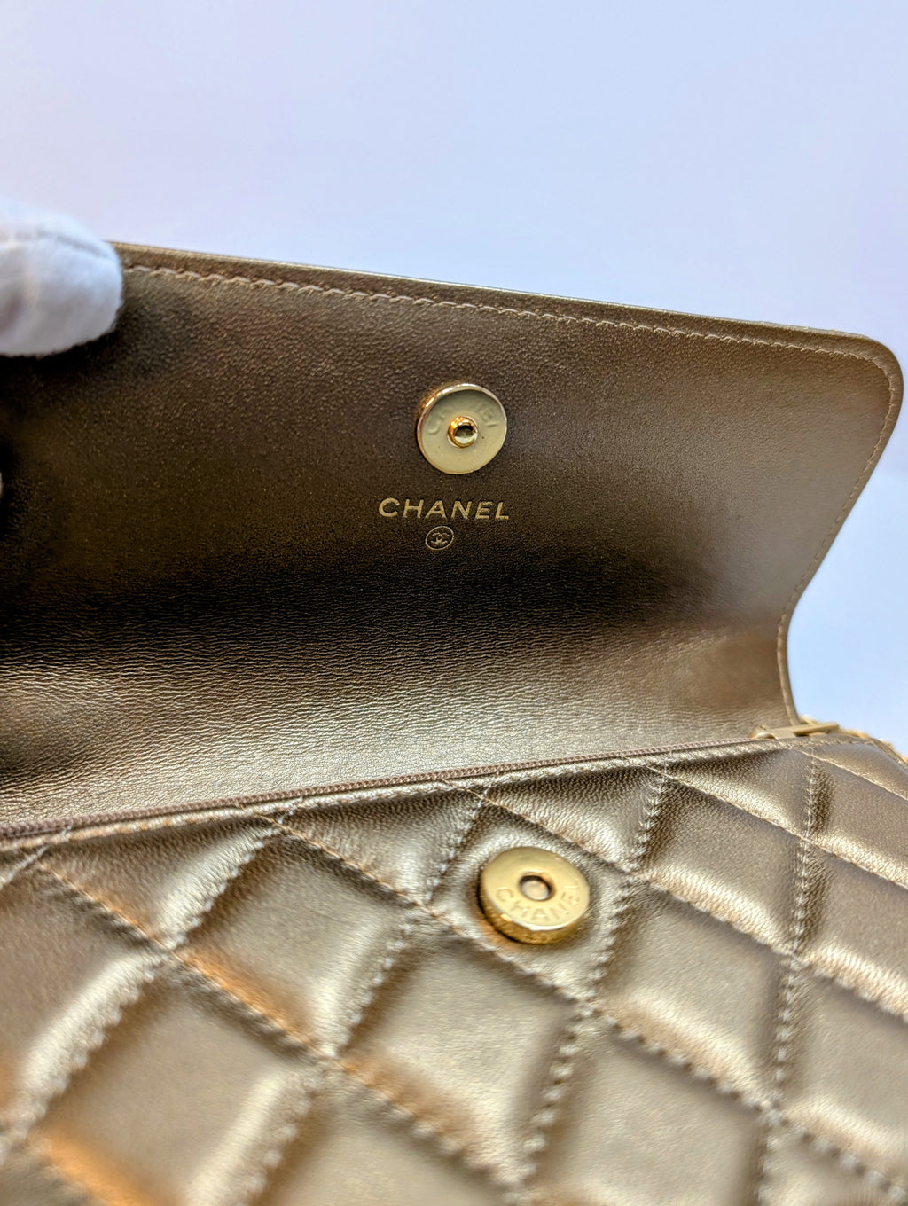 Chanel Metallic Bronze Gold Mini Rectangular Flap with Engraved CCs and Strap Loops with Chanel Gold Card Holder