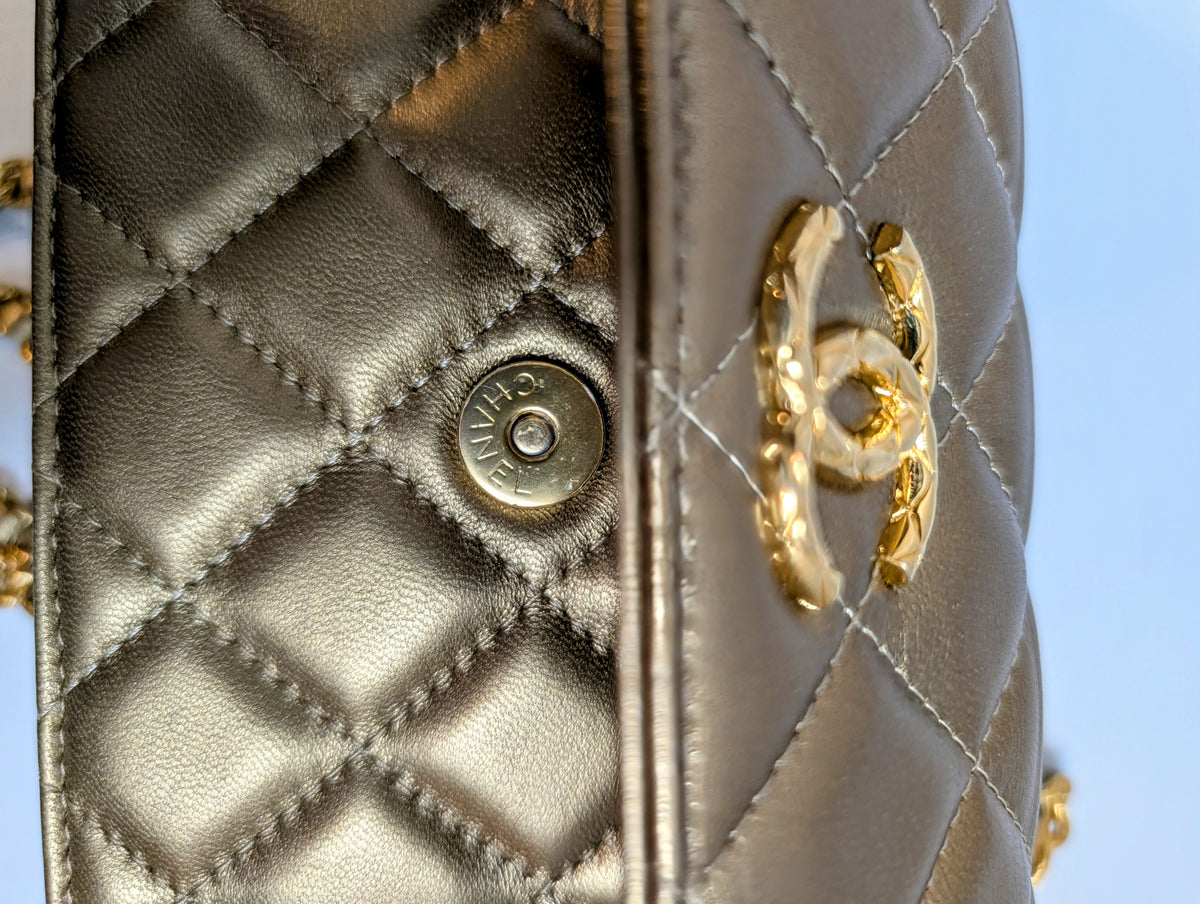 Chanel Metallic Bronze Gold Mini Rectangular Flap with Engraved CCs and Strap Loops with Chanel Gold Card Holder