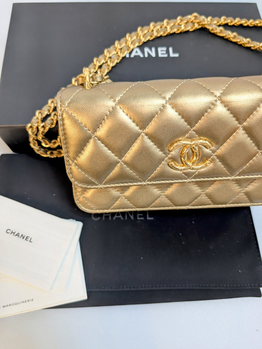 Chanel Metallic Bronze Gold Mini Rectangular Flap with Engraved CCs and Strap Loops with Chanel Gold Card Holder