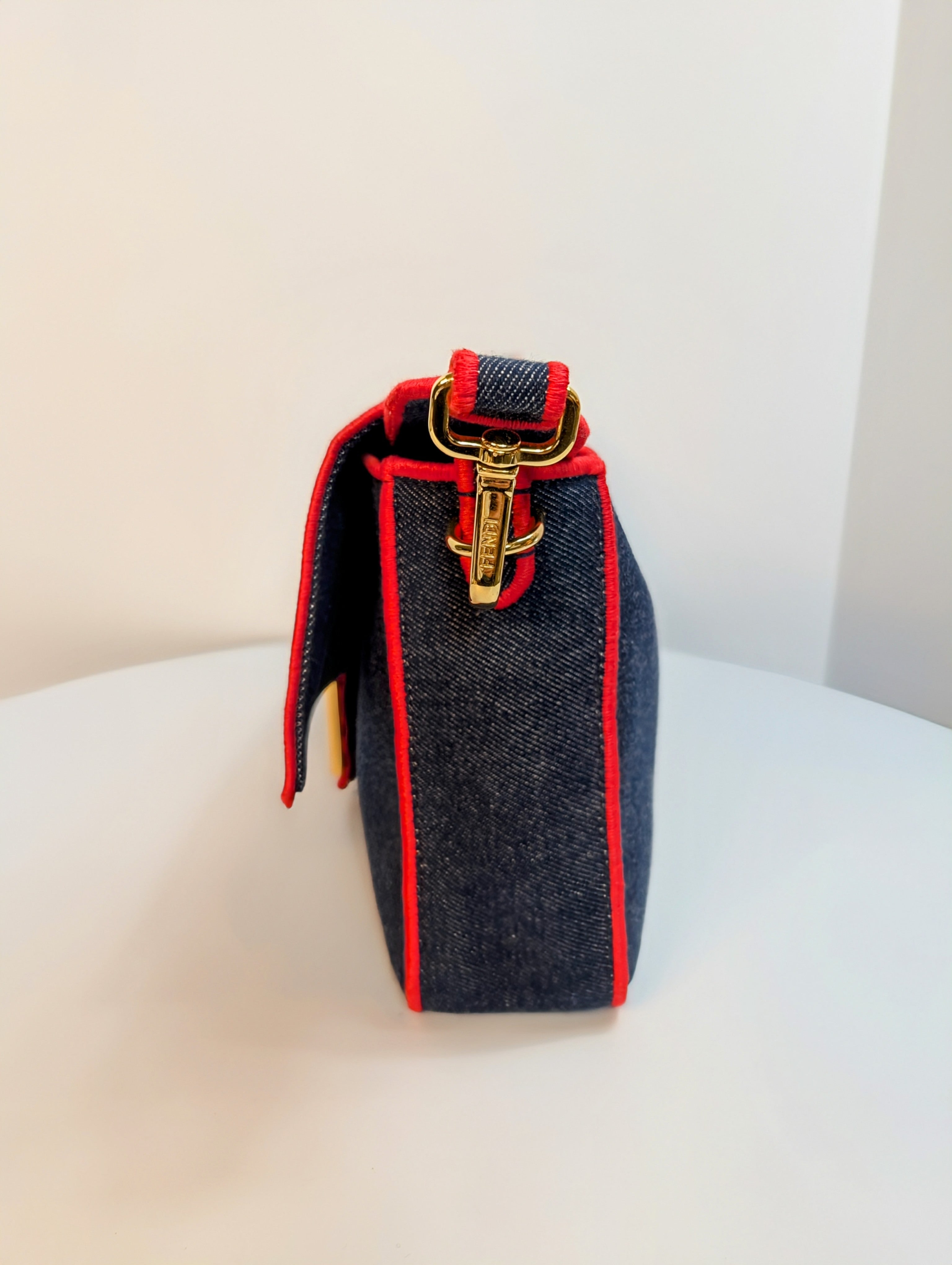 Fendi Blue Denim and Red Trim Baguette Bag with Two Straps