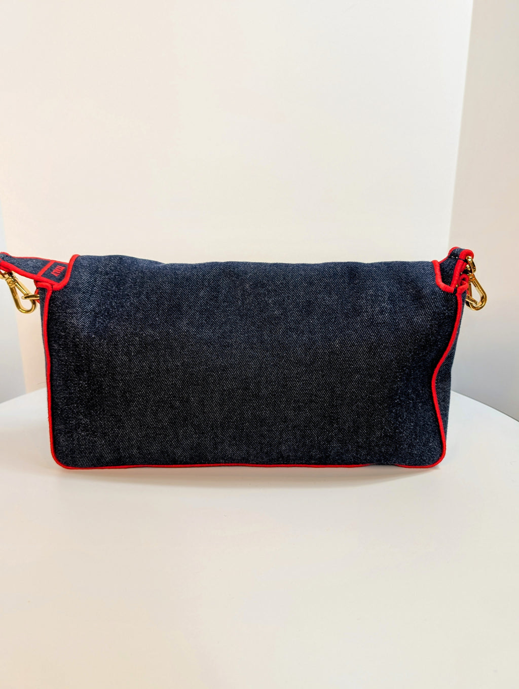 Fendi Blue Denim and Red Trim Baguette Bag with Two Straps