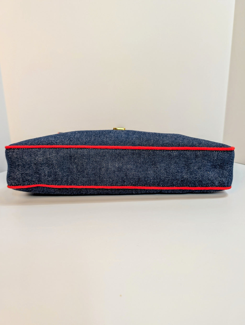 Fendi Blue Denim and Red Trim Baguette Bag with Two Straps