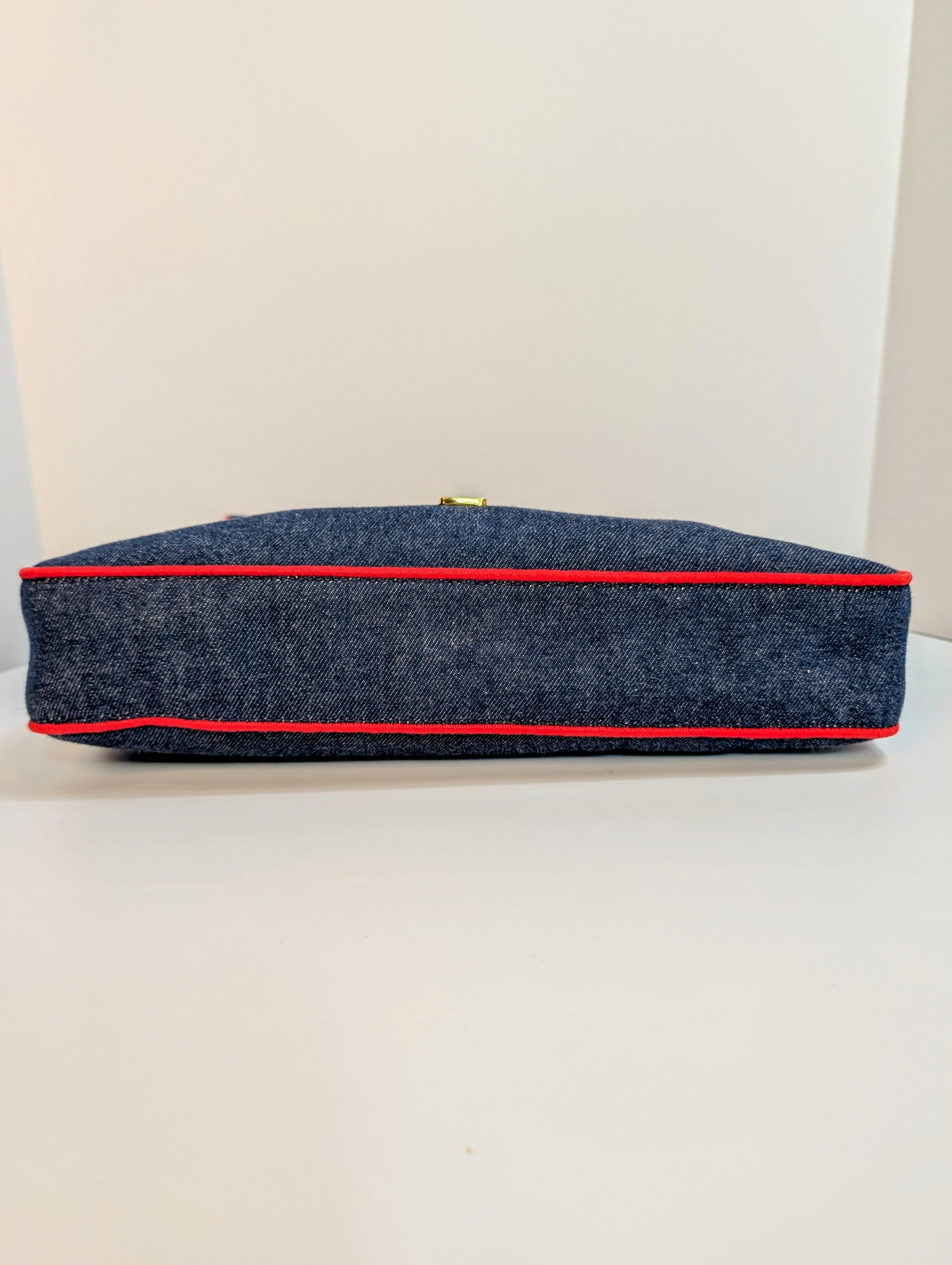 Fendi Blue Denim and Red Trim Baguette Bag with Two Straps