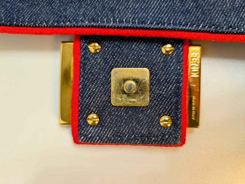 Fendi Blue Denim and Red Trim Baguette Bag with Two Straps