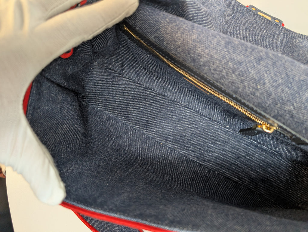 Fendi Blue Denim and Red Trim Baguette Bag with Two Straps