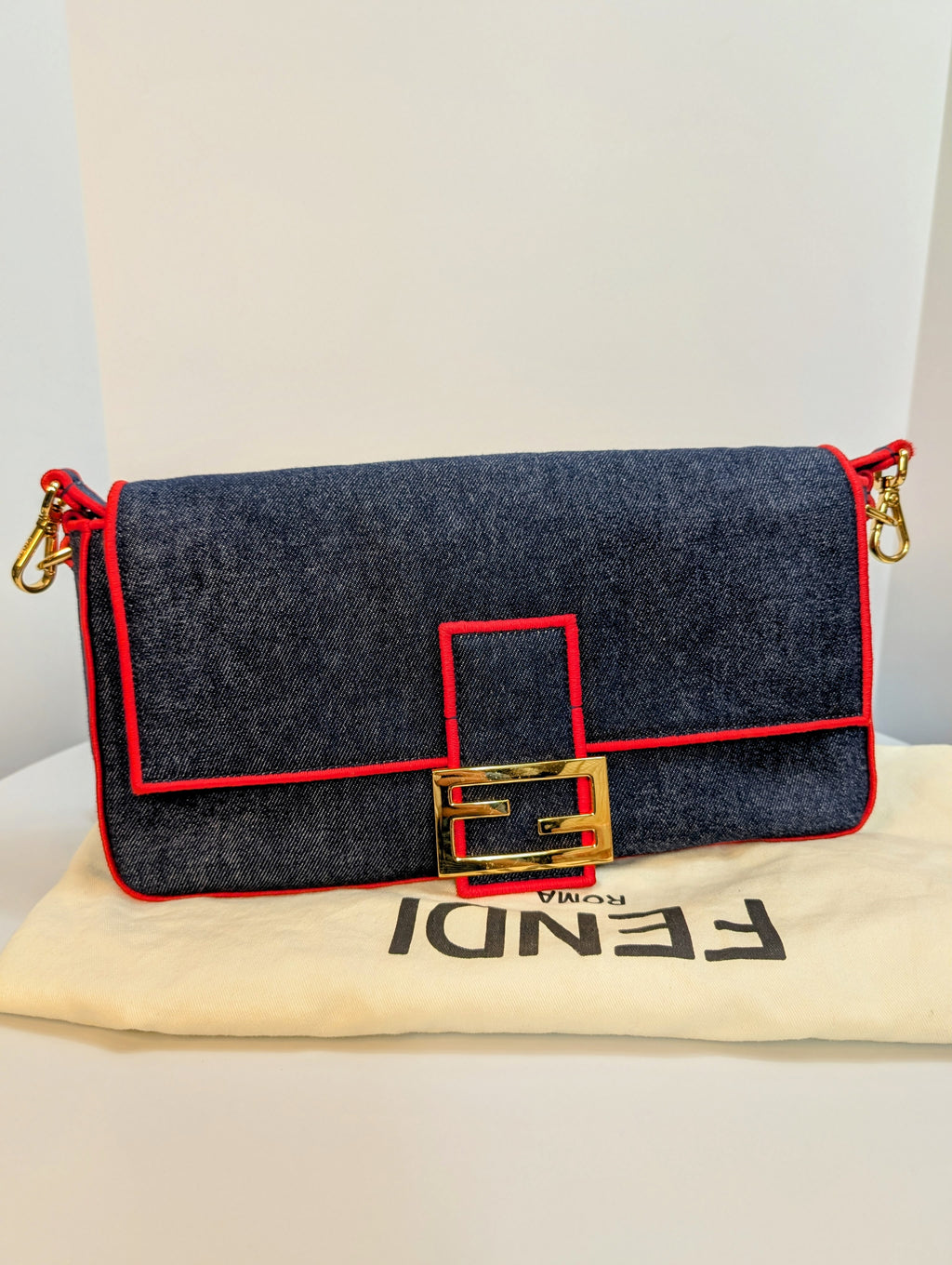 Fendi Blue Denim and Red Trim Baguette Bag with Two Straps