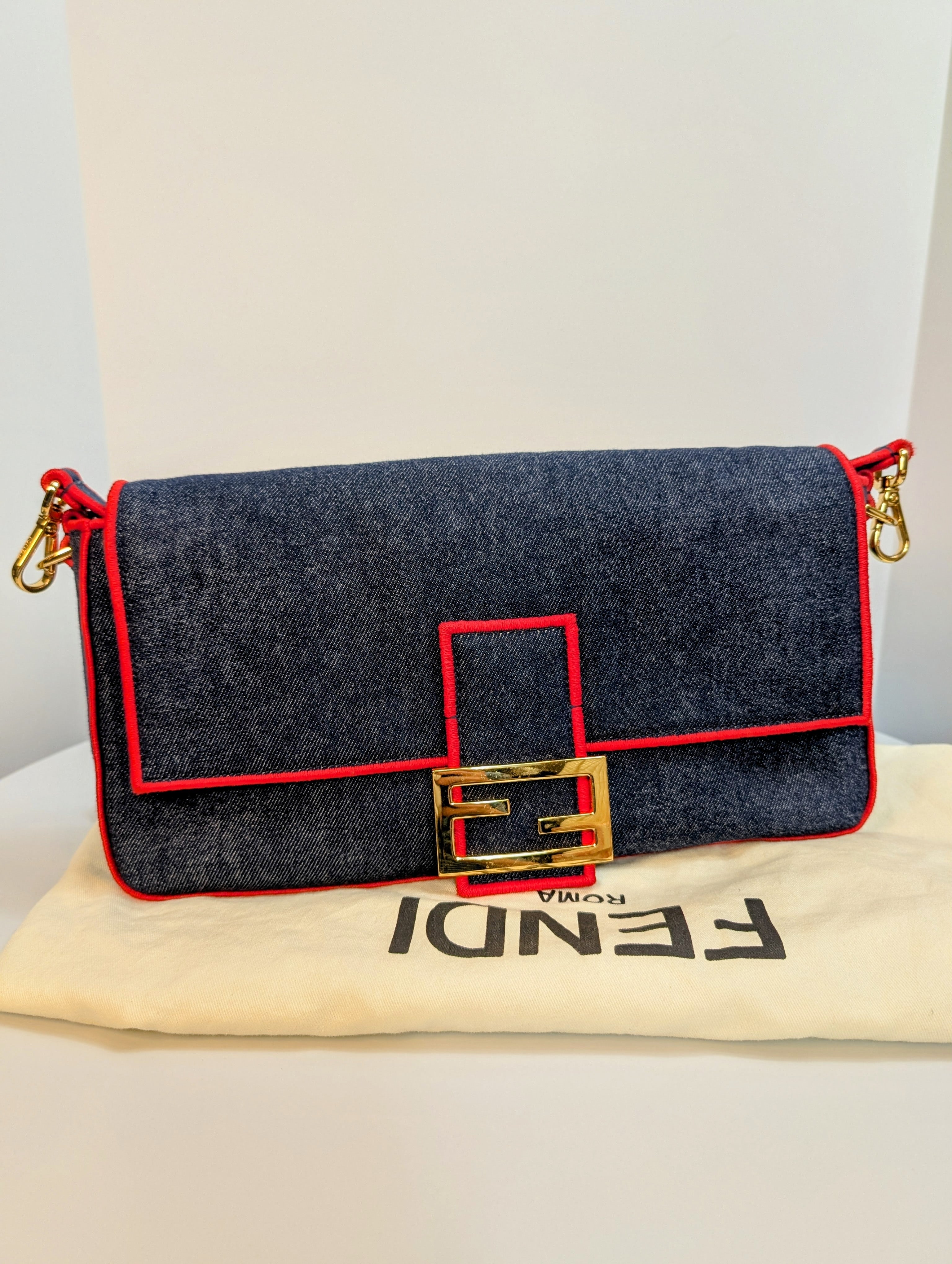 Fendi Blue Denim and Red Trim Baguette Bag with Two Straps