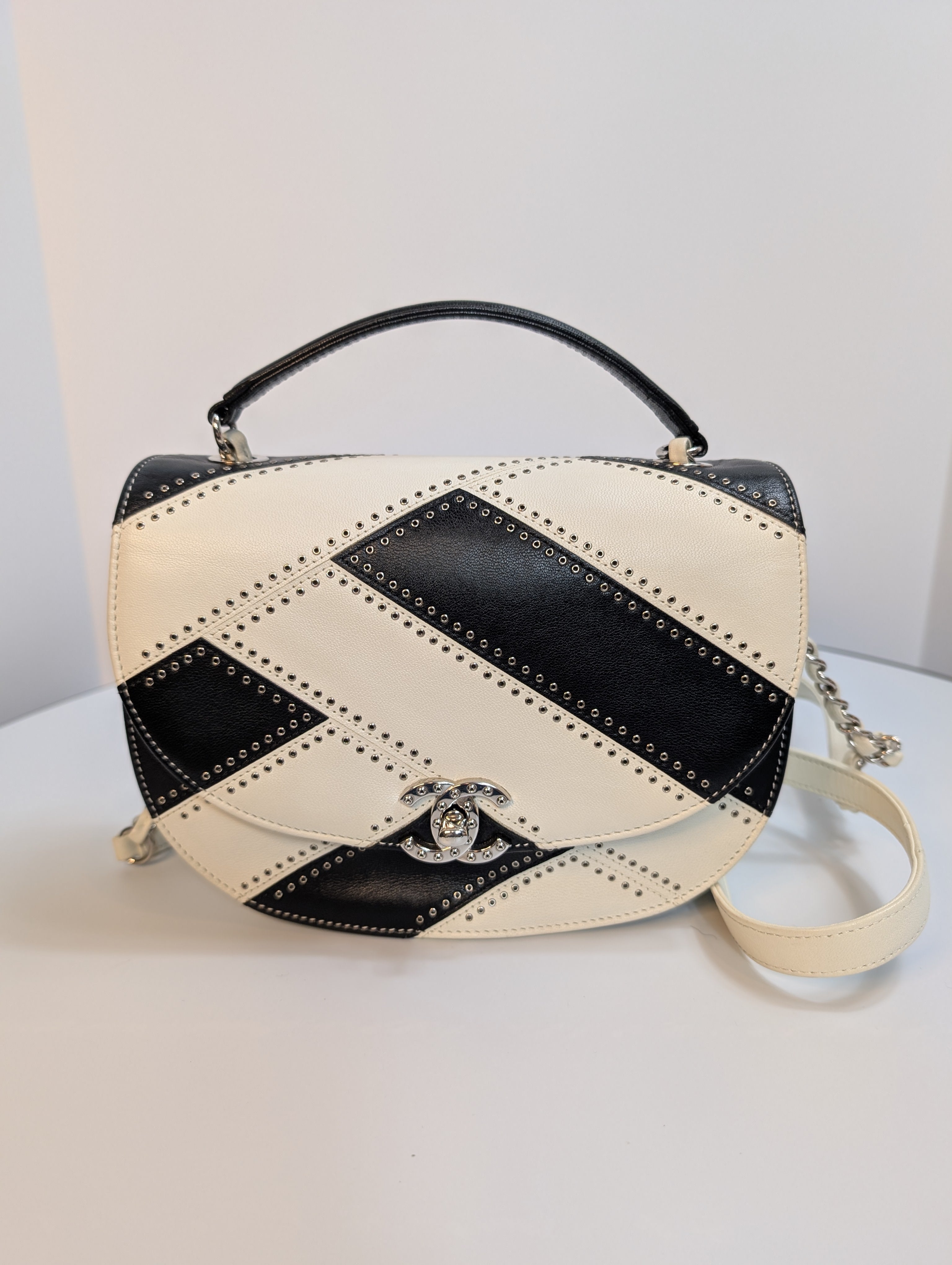 Chanel White and Black Patchwork Round Bottom Tophandle Flap Bag