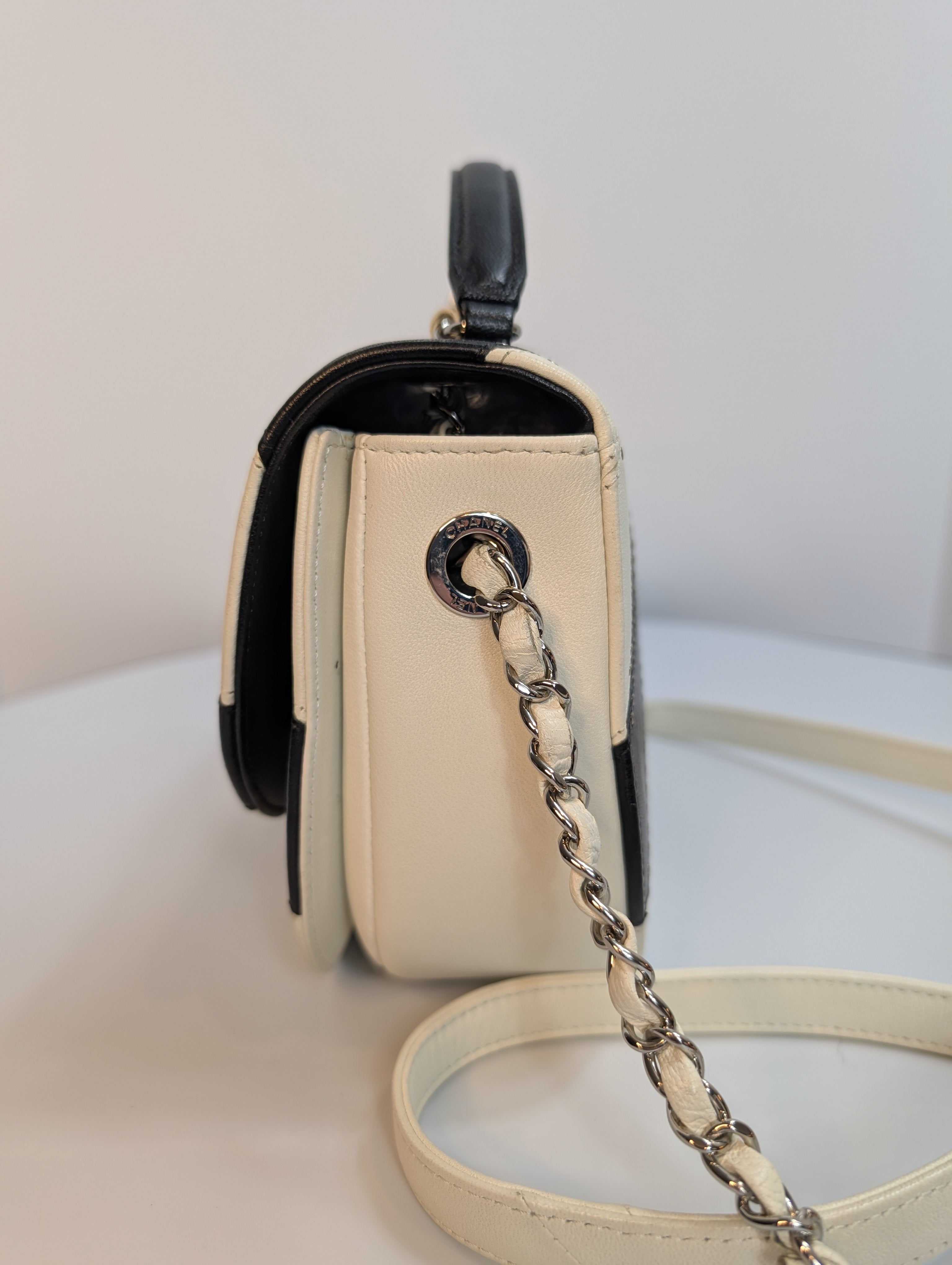 Chanel White and Black Patchwork Round Bottom Tophandle Flap Bag