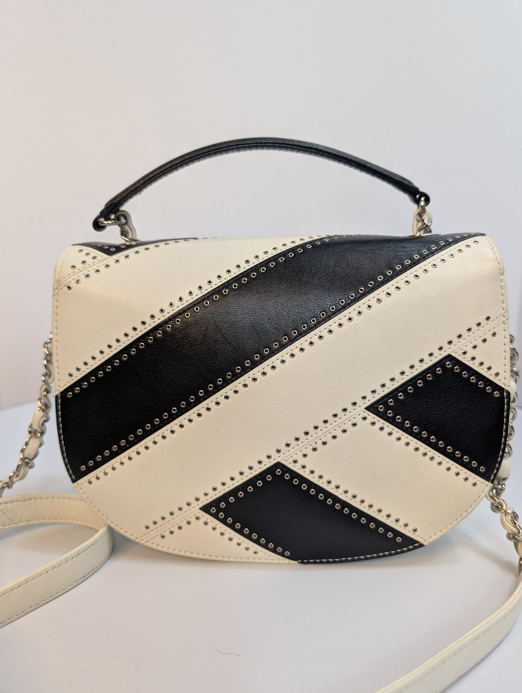 Chanel White and Black Patchwork Round Bottom Tophandle Flap Bag