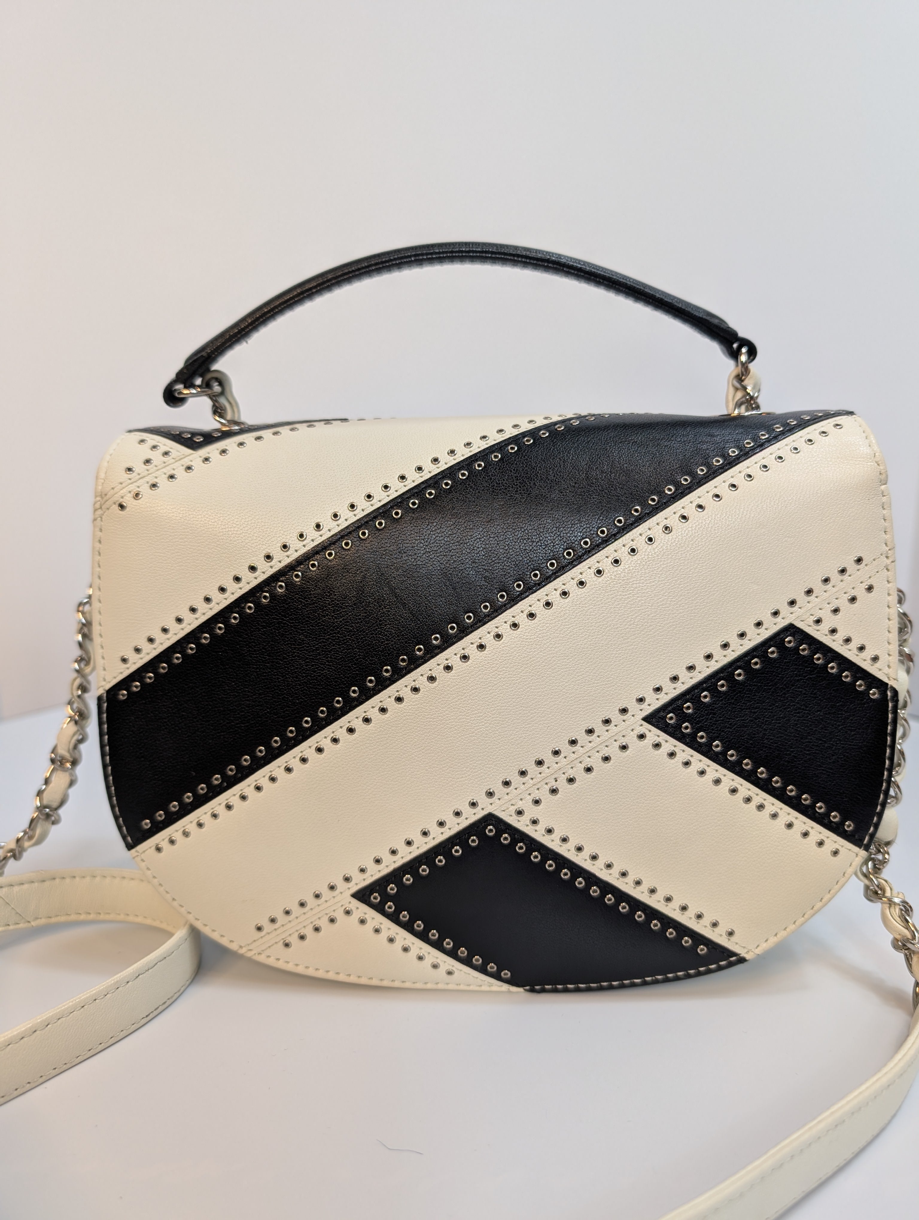 Chanel White and Black Patchwork Round Bottom Tophandle Flap Bag