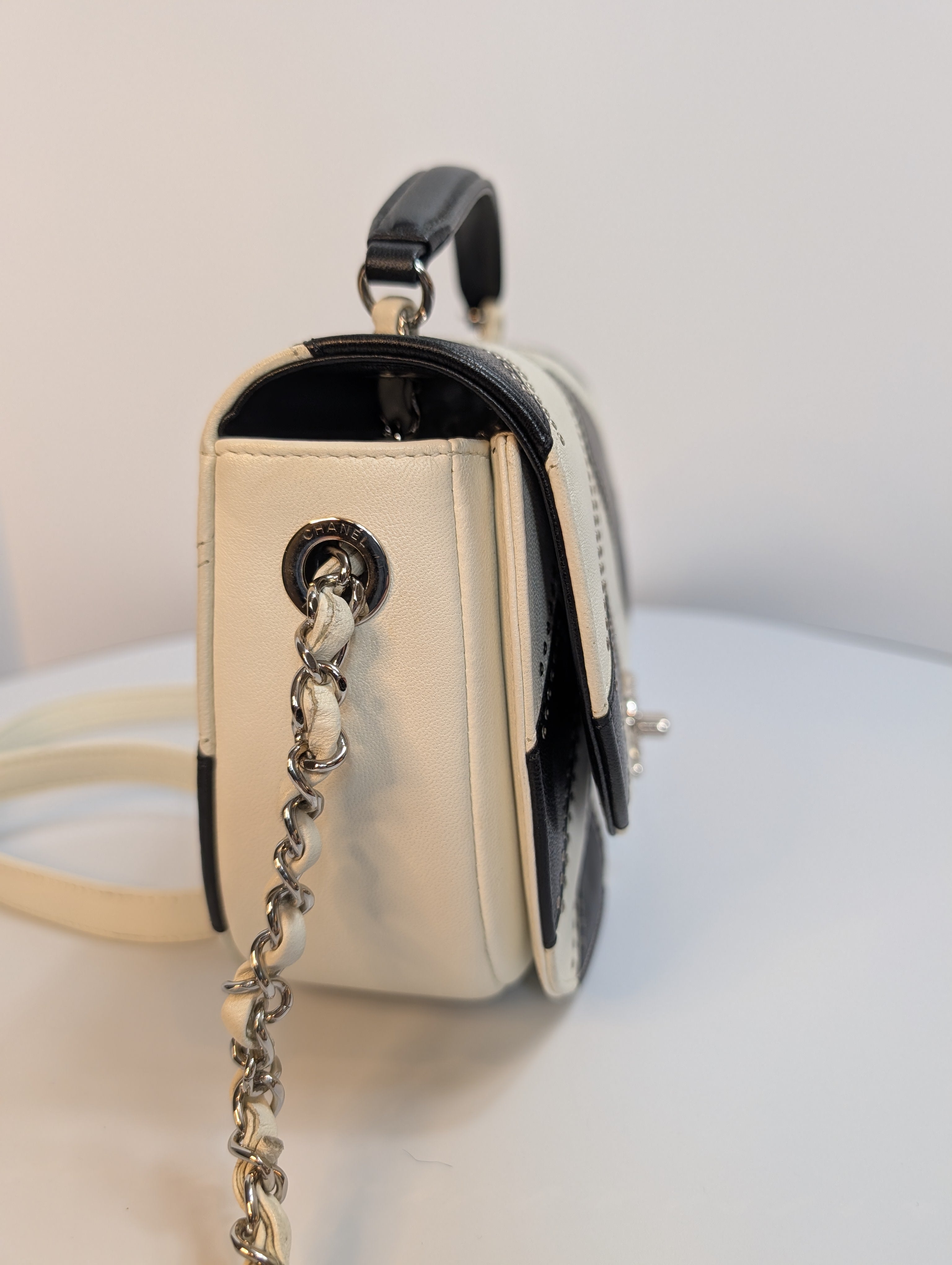 Chanel White and Black Patchwork Round Bottom Tophandle Flap Bag