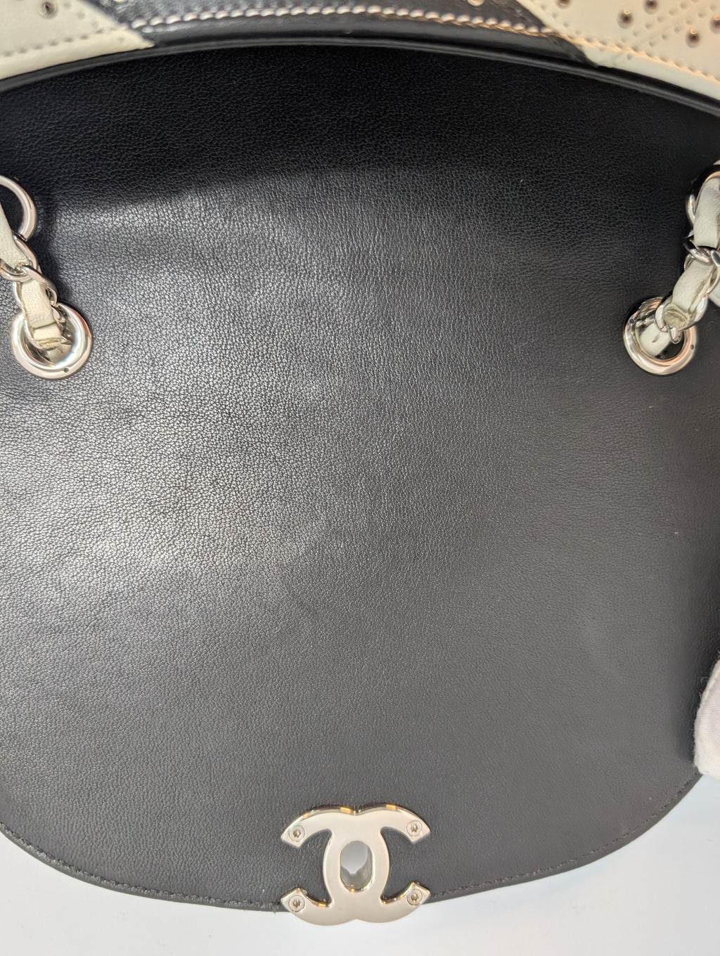 Chanel White and Black Patchwork Round Bottom Tophandle Flap Bag