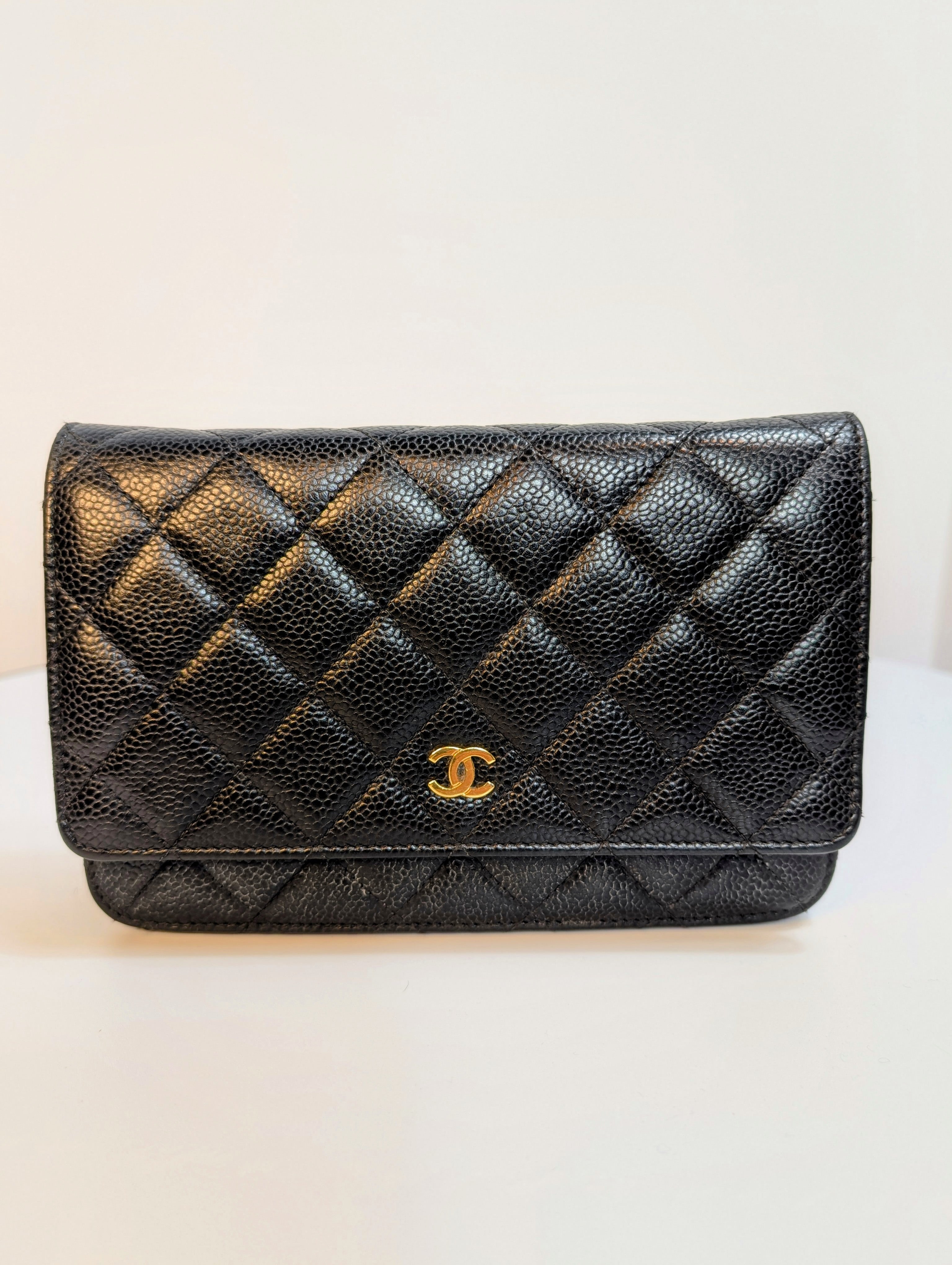 Chanel Black Quilted Caviar Leather Classic Wallet on Chain (WOC)